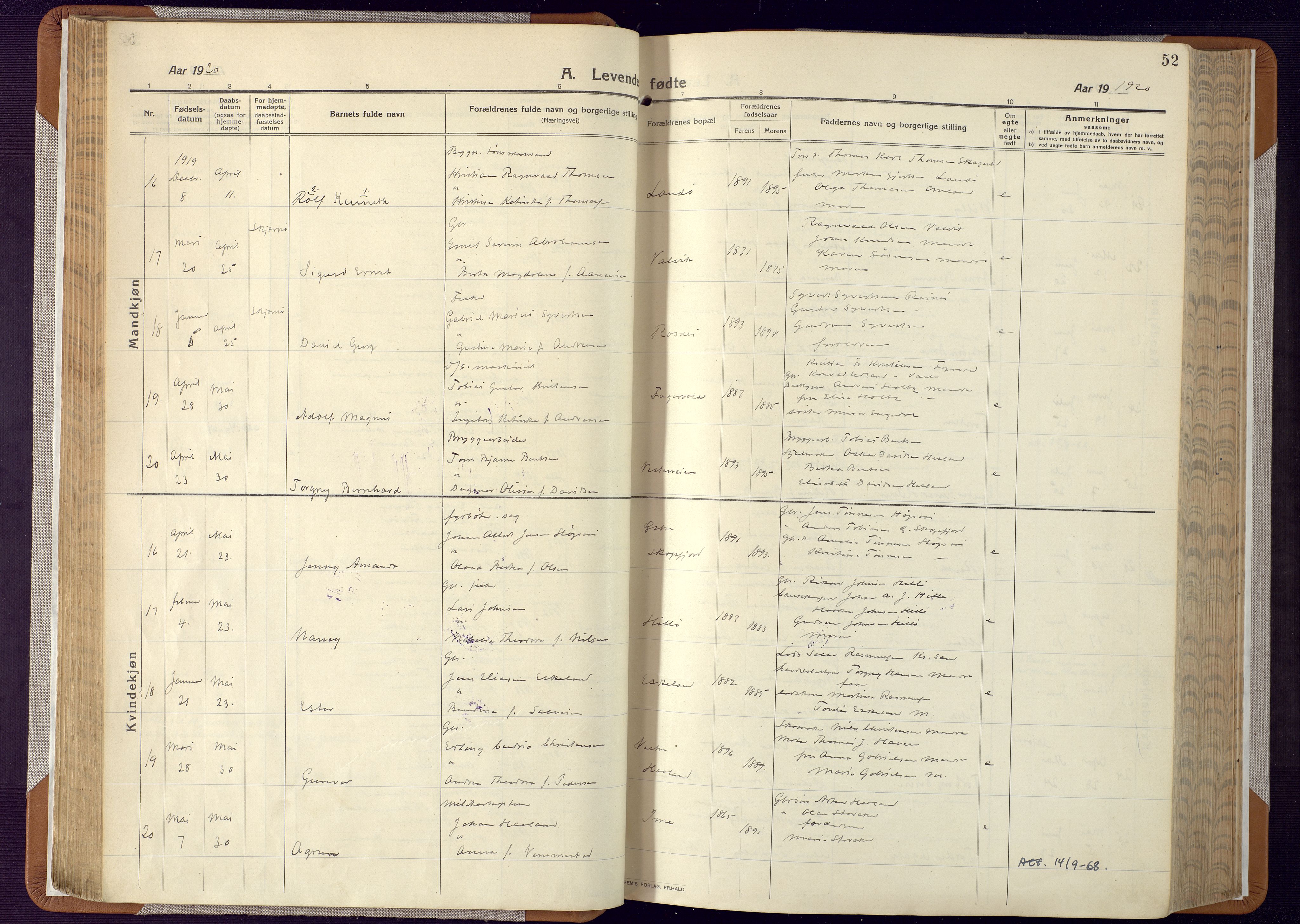 Mandal sokneprestkontor, AV/SAK-1111-0030/F/Fa/Faa/L0022: Parish register (official) no. A 22, 1913-1925, p. 52