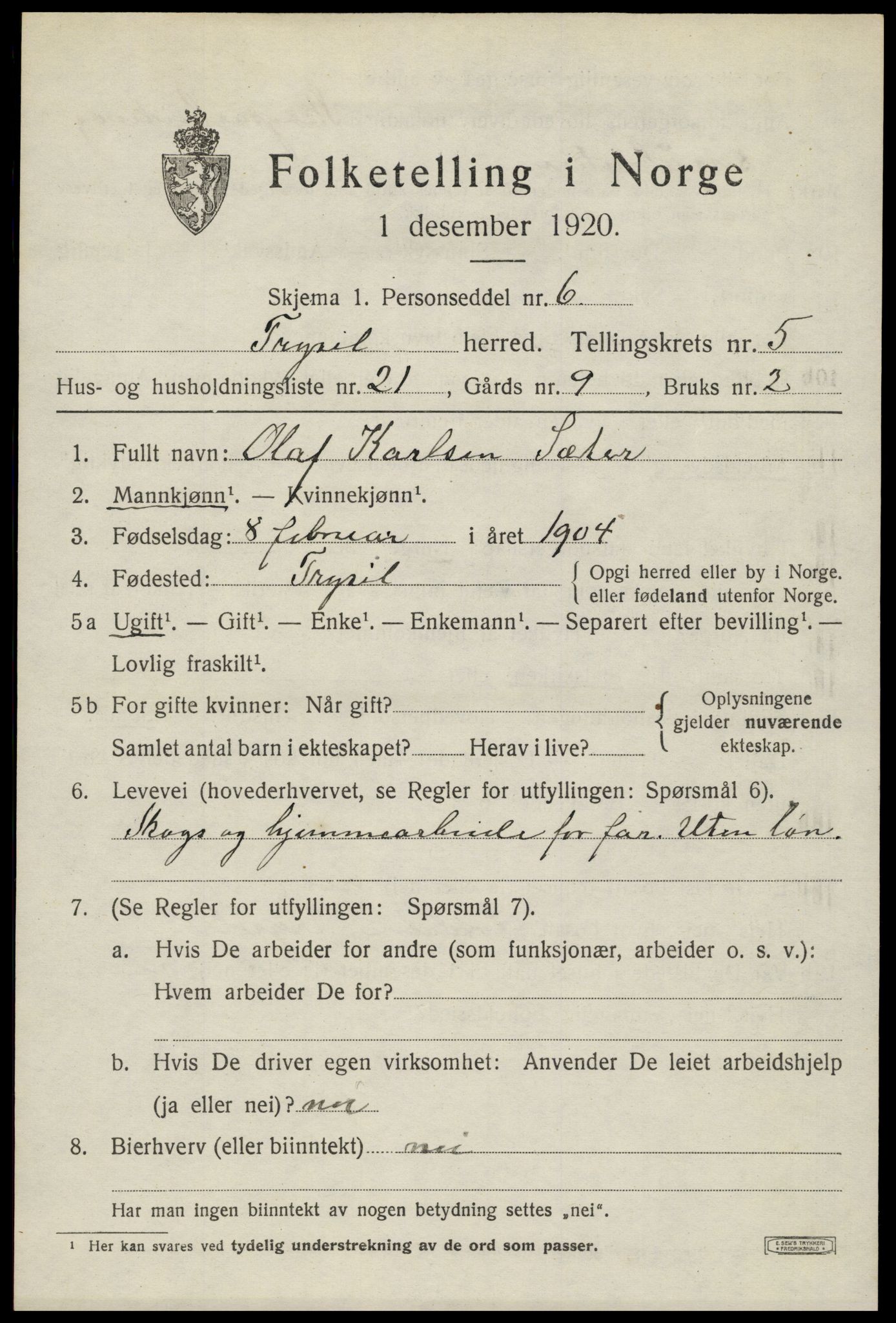 SAH, 1920 census for Trysil, 1920, p. 4507
