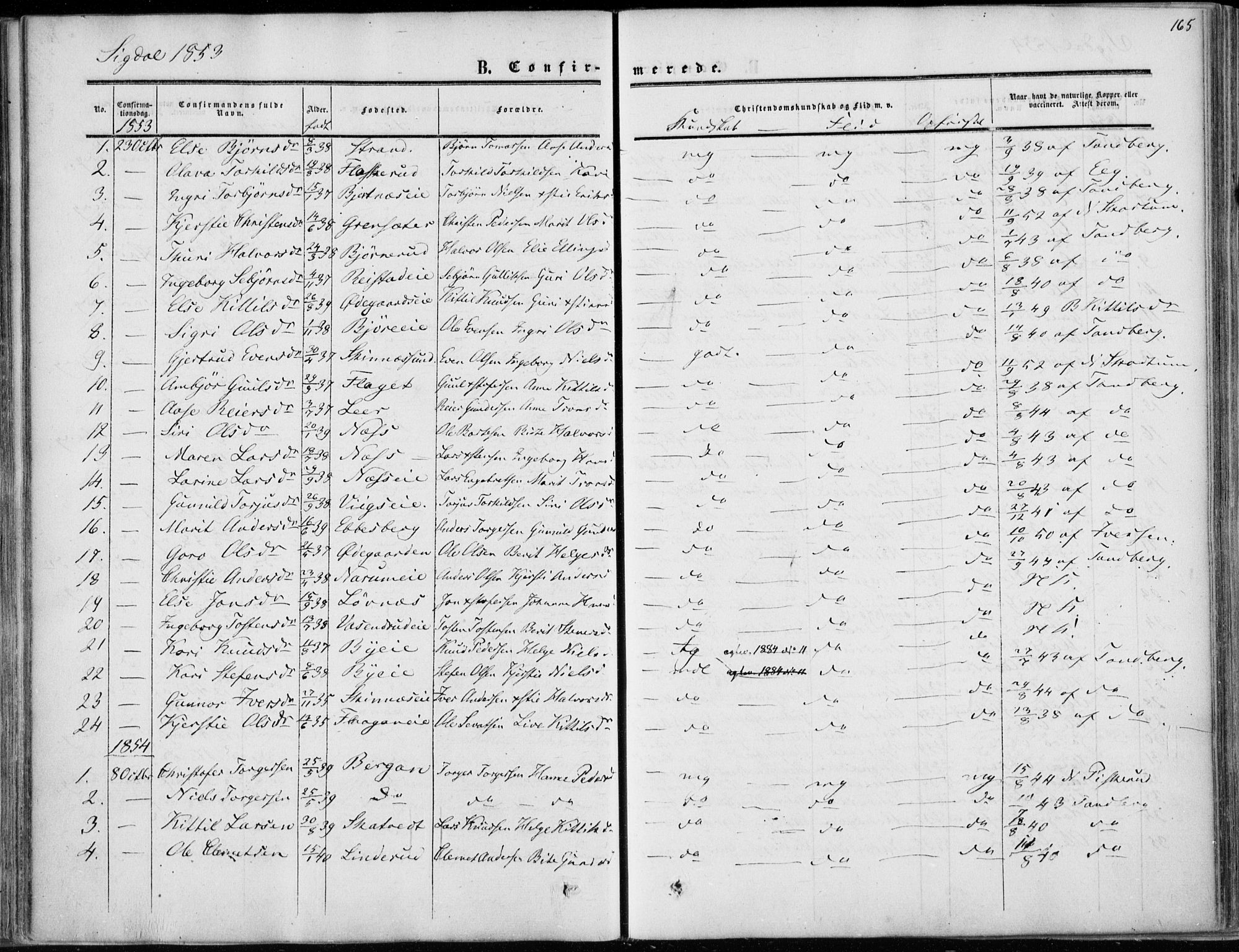 Sigdal kirkebøker, SAKO/A-245/F/Fa/L0008: Parish register (official) no. I 8, 1850-1859, p. 165