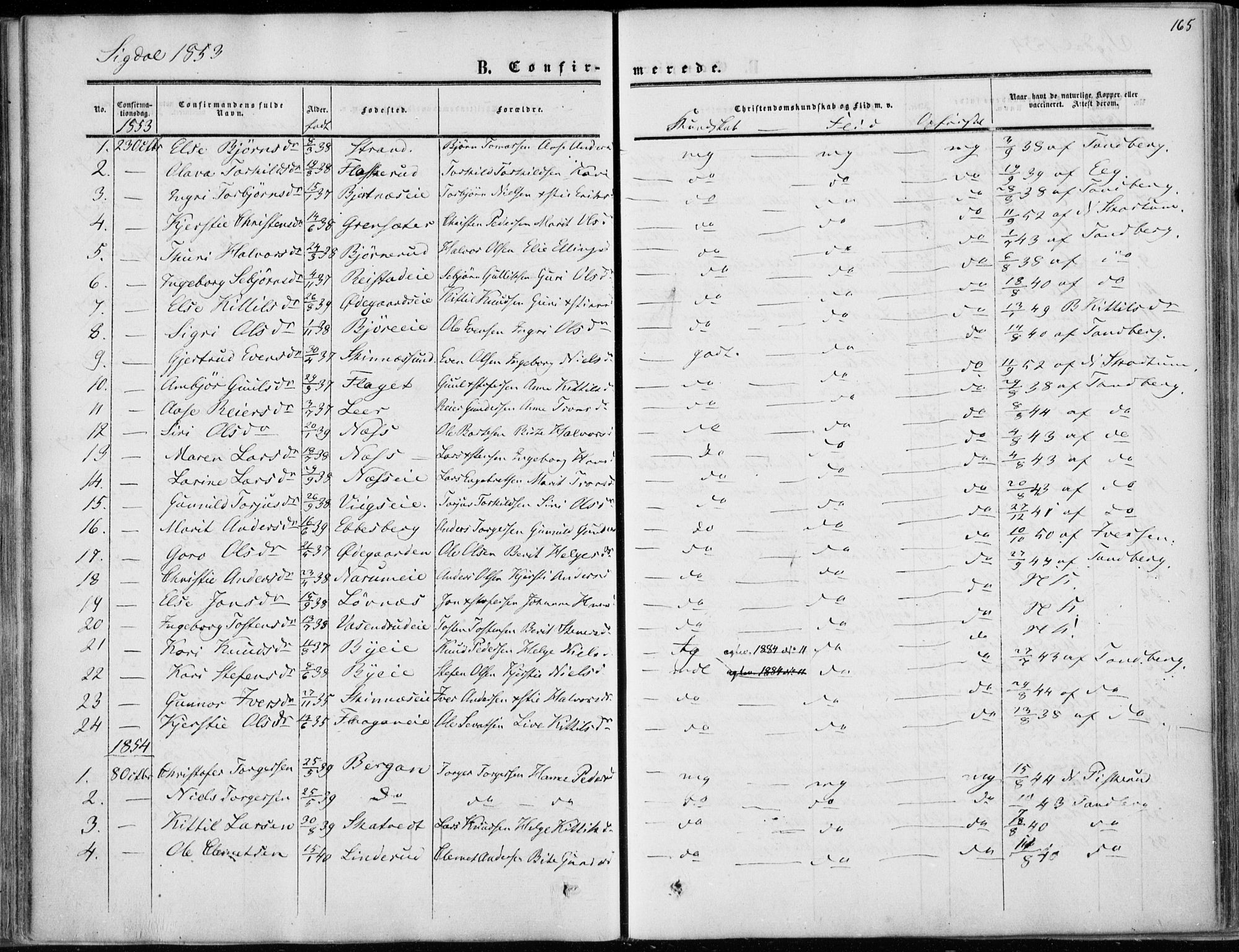 Sigdal kirkebøker, AV/SAKO-A-245/F/Fa/L0008: Parish register (official) no. I 8, 1850-1859, p. 165