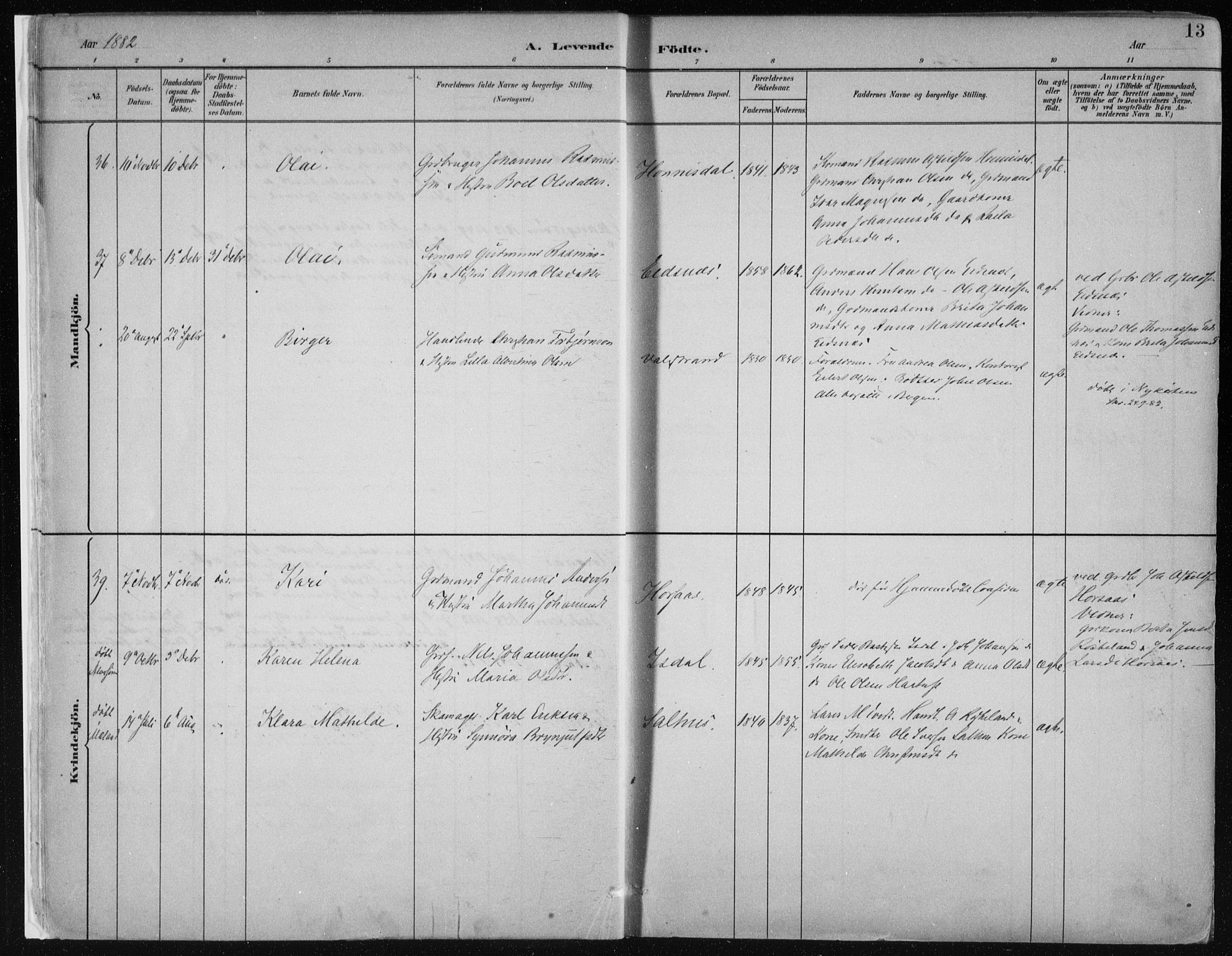 Hamre sokneprestembete, AV/SAB-A-75501/H/Ha/Haa/Haab/L0001: Parish register (official) no. B  1, 1882-1905, p. 13