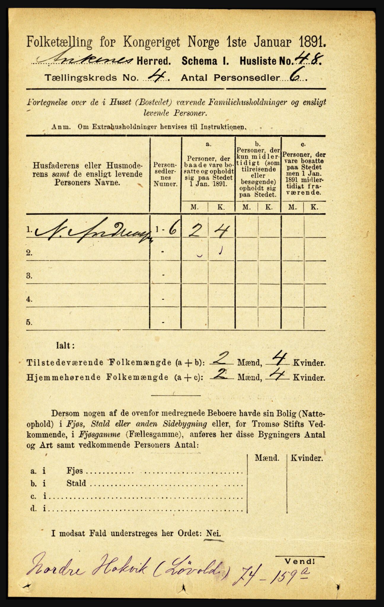 RA, 1891 census for 1855 Ankenes, 1891, p. 2303