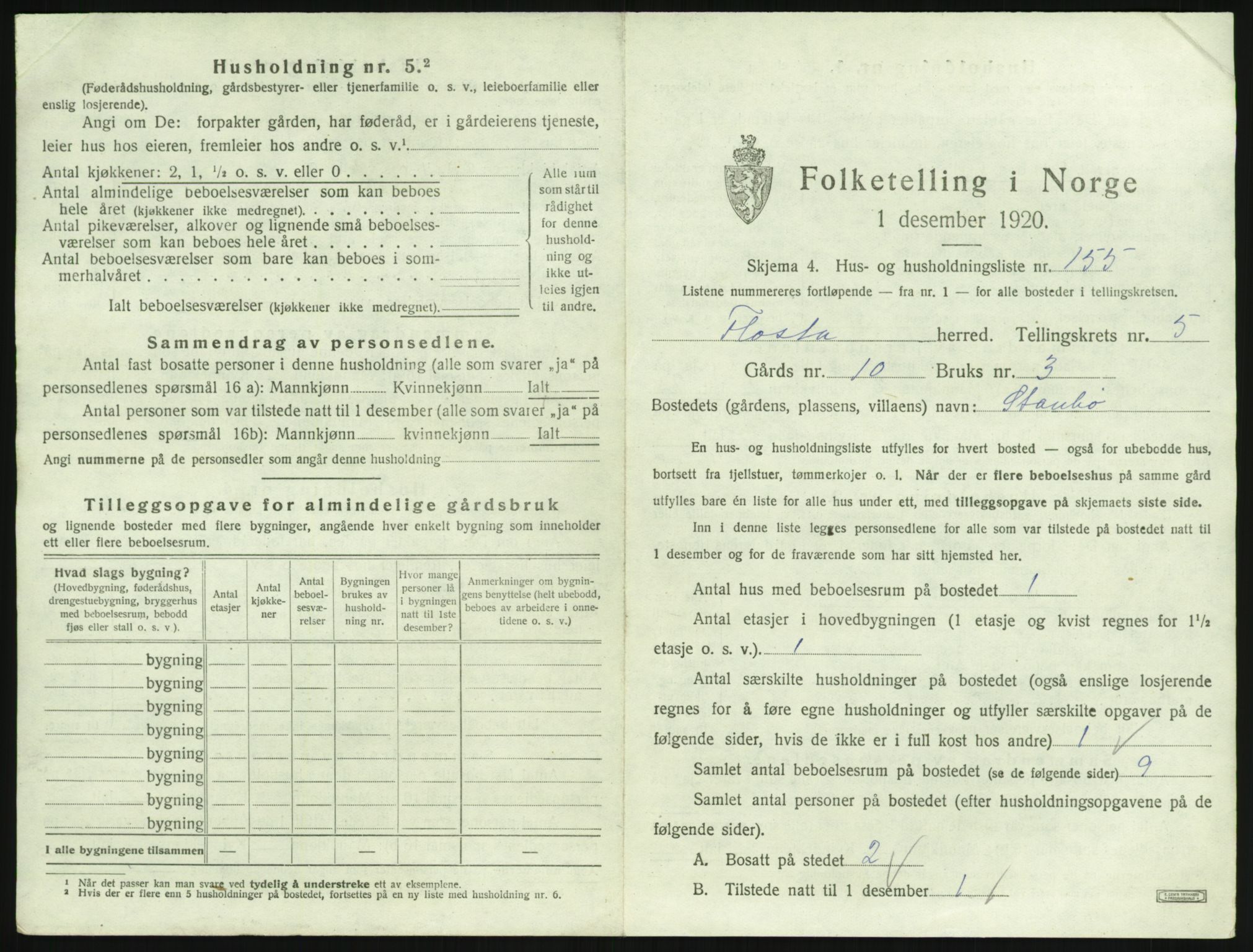 SAK, 1920 census for Flosta, 1920, p. 850