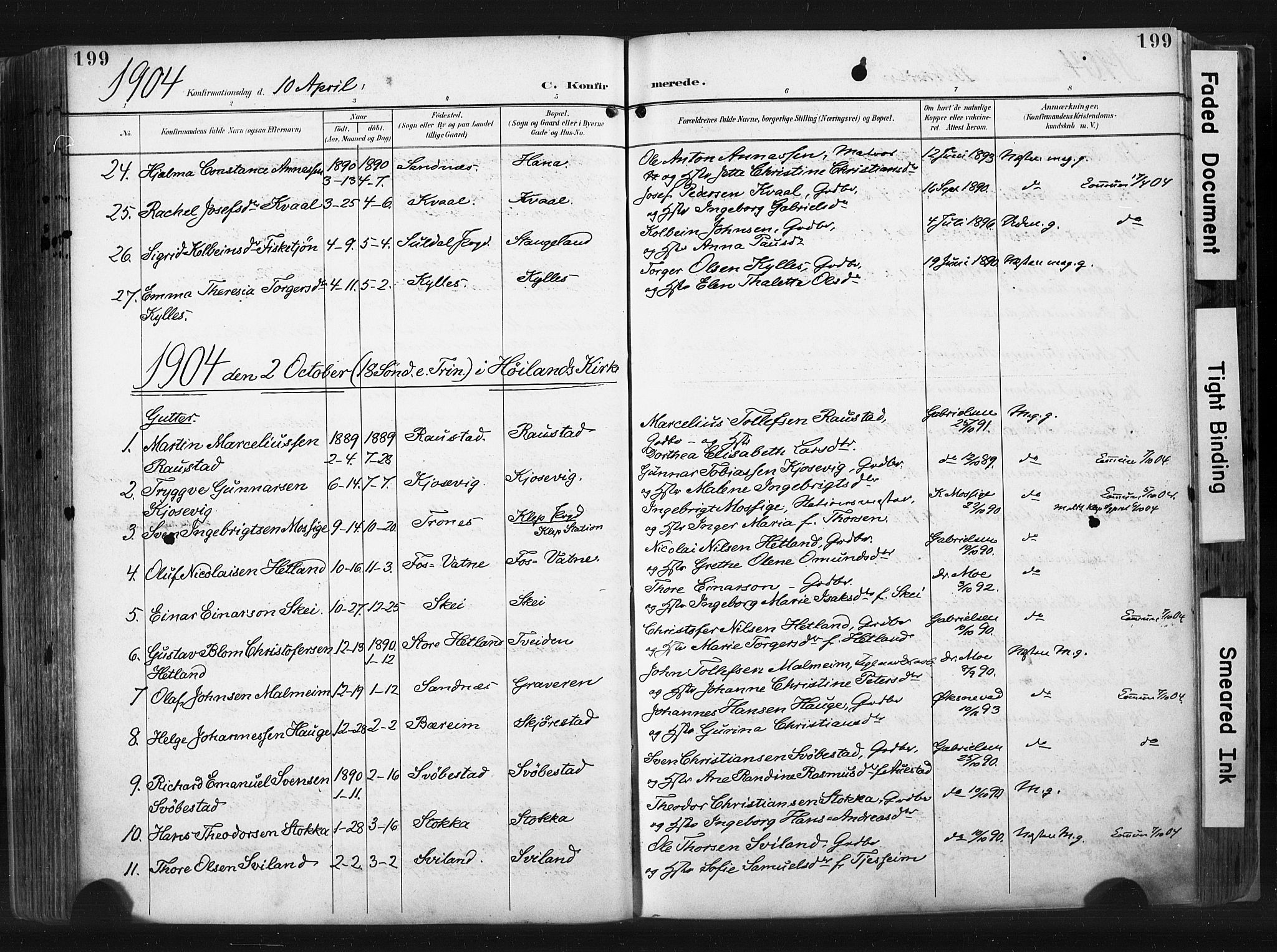 Høyland sokneprestkontor, AV/SAST-A-101799/001/30BA/L0015: Parish register (official) no. A 14, 1899-1911, p. 199