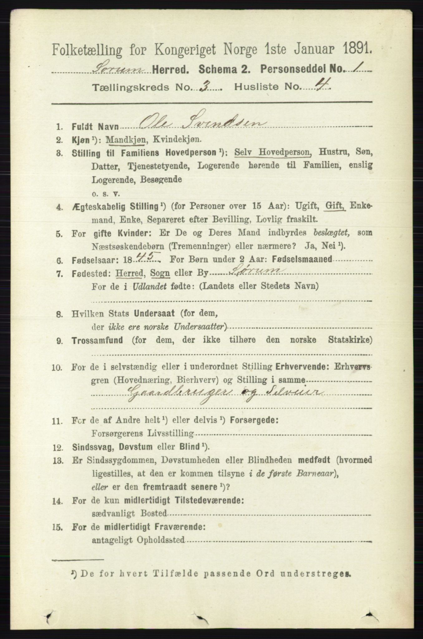 RA, 1891 census for 0226 Sørum, 1891, p. 1313