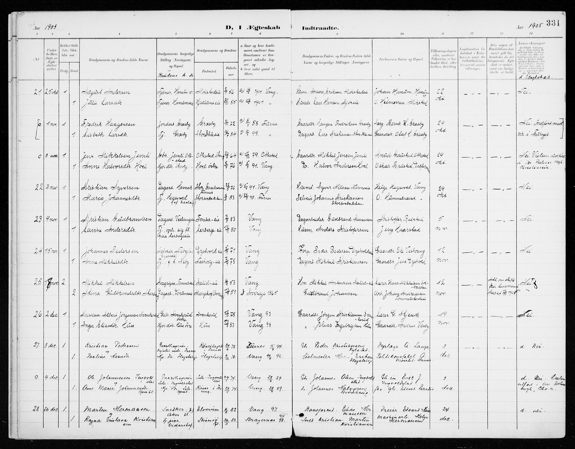 Vang prestekontor, Hedmark, AV/SAH-PREST-008/H/Ha/Haa/L0021: Parish register (official) no. 21, 1902-1917, p. 331