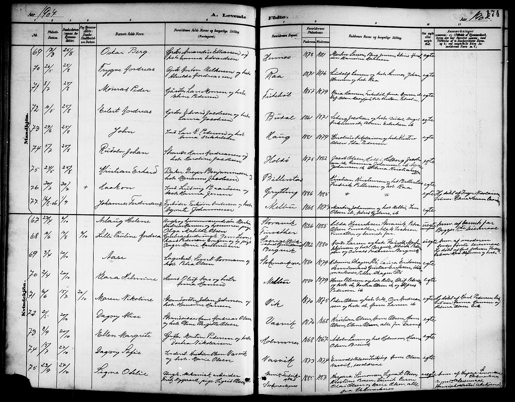 Ministerialprotokoller, klokkerbøker og fødselsregistre - Nordland, AV/SAT-A-1459/888/L1268: Parish register (copy) no. 888C06, 1891-1908, p. 174