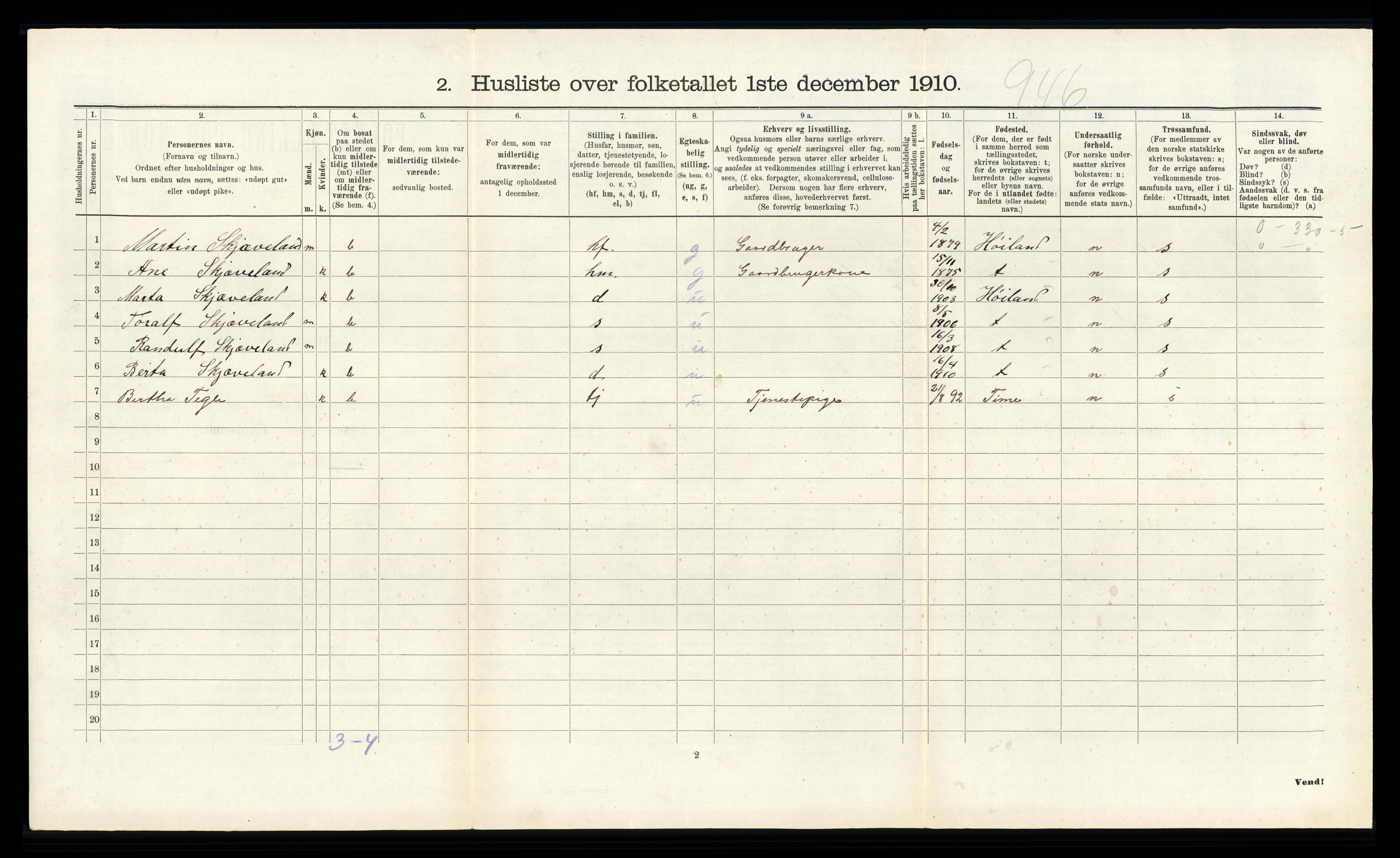 RA, 1910 census for Klepp, 1910, p. 314