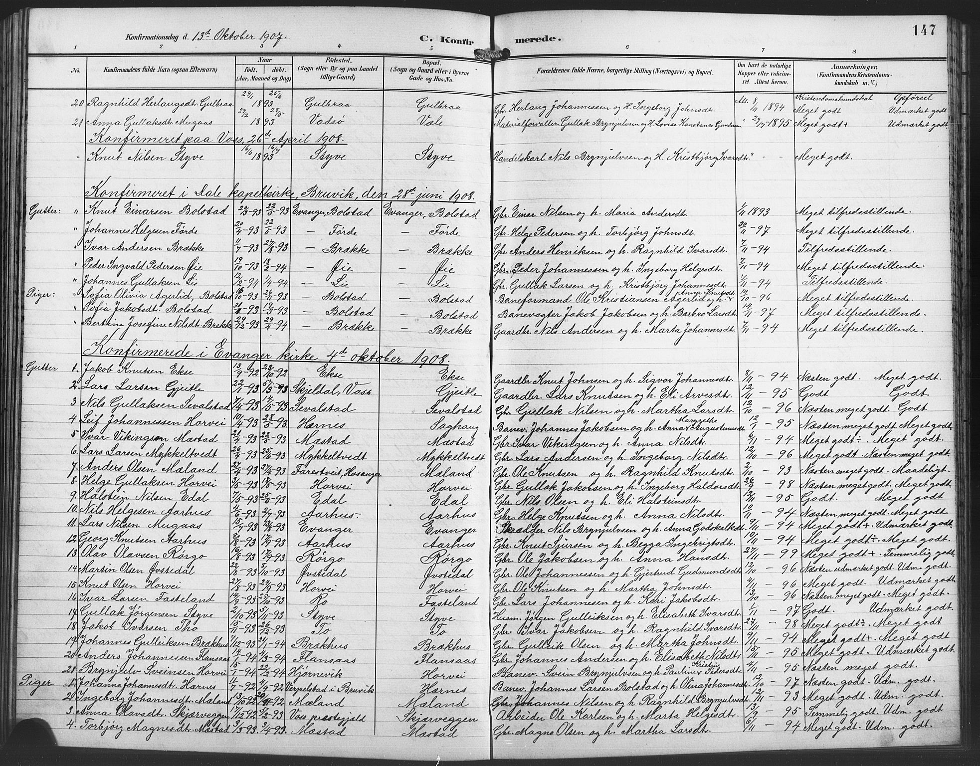 Evanger sokneprestembete, SAB/A-99924: Parish register (copy) no. A 5, 1897-1917, p. 147
