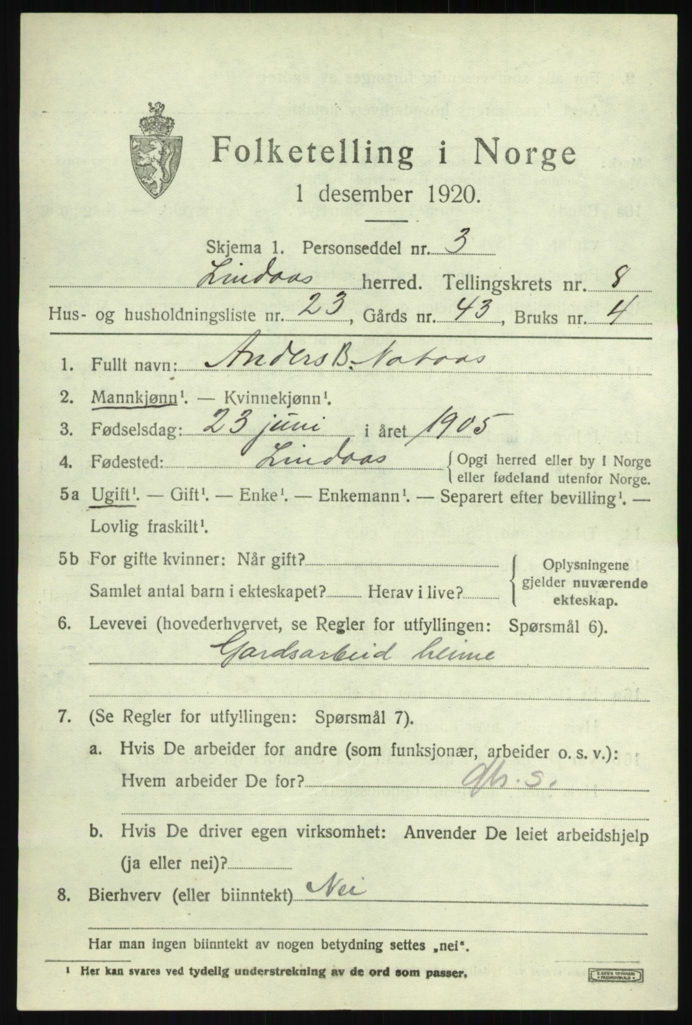 SAB, 1920 census for Lindås, 1920, p. 4545