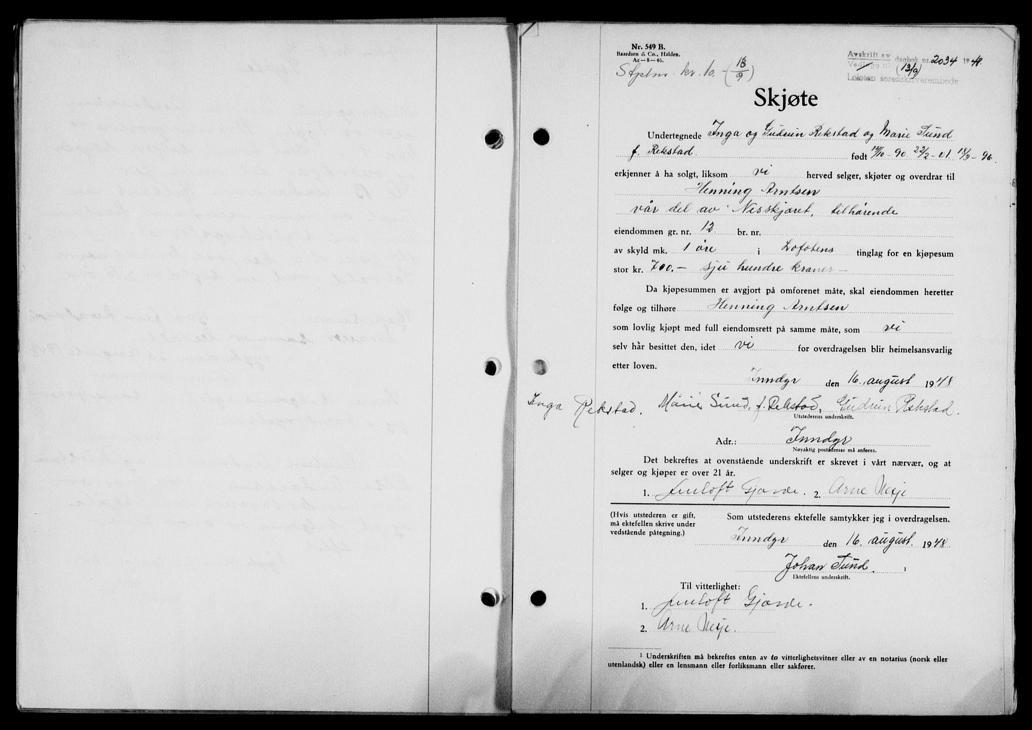 Lofoten sorenskriveri, SAT/A-0017/1/2/2C/L0019a: Mortgage book no. 19a, 1948-1948, Diary no: : 2034/1948