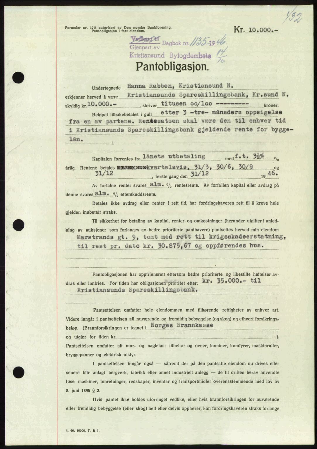 Kristiansund byfogd, AV/SAT-A-4587/A/27: Mortgage book no. 40, 1946-1946, Diary no: : 1135/1946