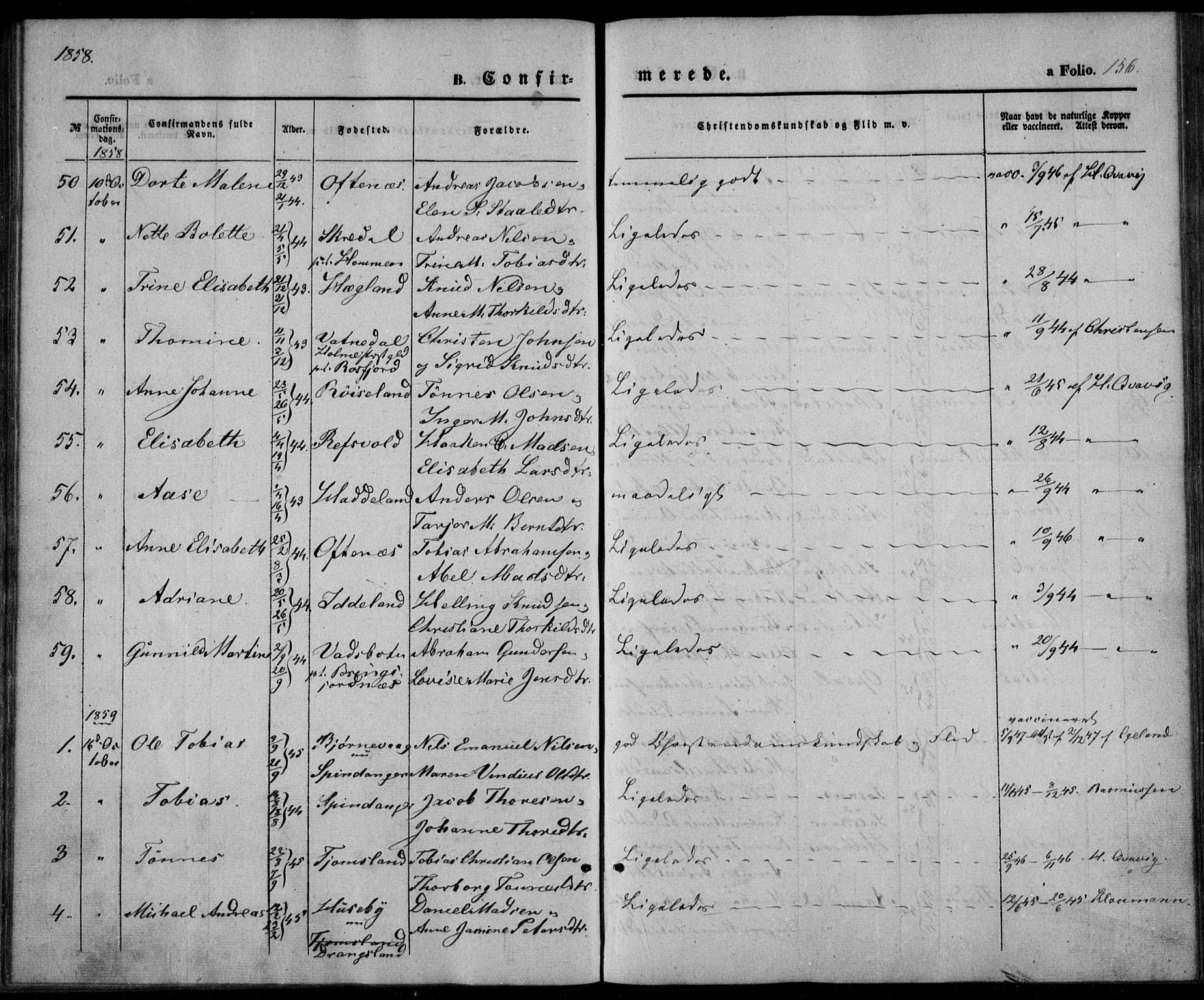 Lyngdal sokneprestkontor, SAK/1111-0029/F/Fa/Fac/L0009: Parish register (official) no. A 9, 1852-1864, p. 156