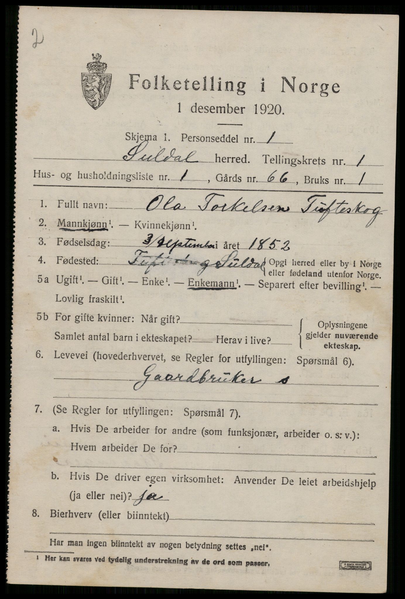 SAST, 1920 census for Suldal, 1920, p. 694