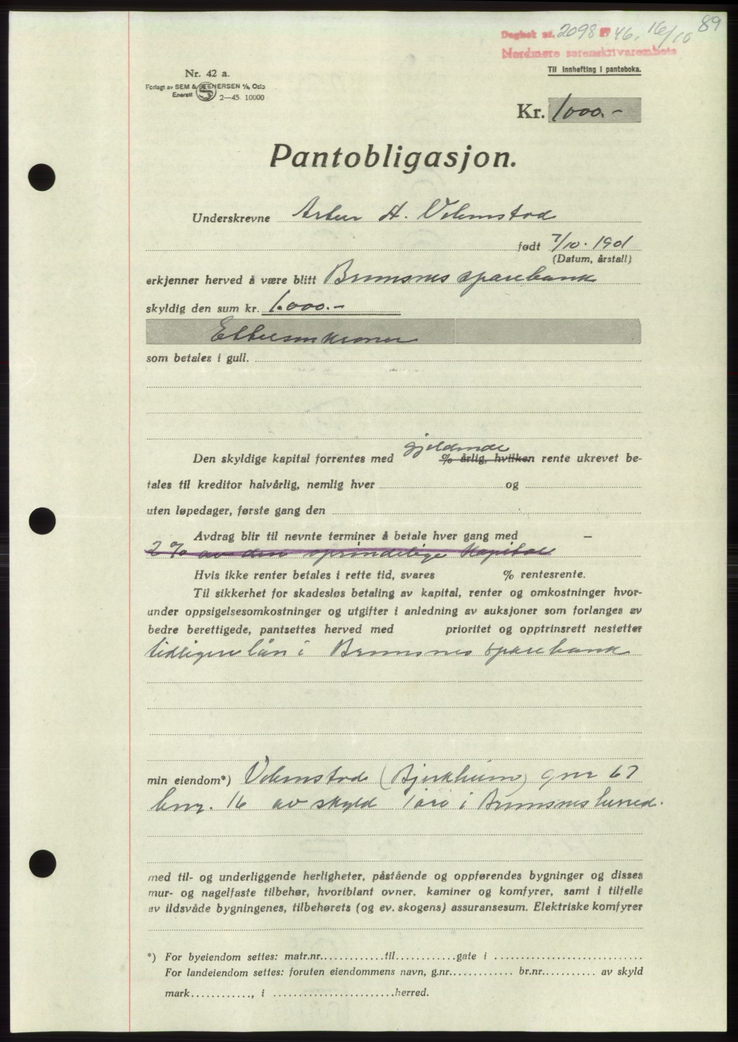 Nordmøre sorenskriveri, AV/SAT-A-4132/1/2/2Ca: Mortgage book no. B95, 1946-1947, Diary no: : 2098/1946