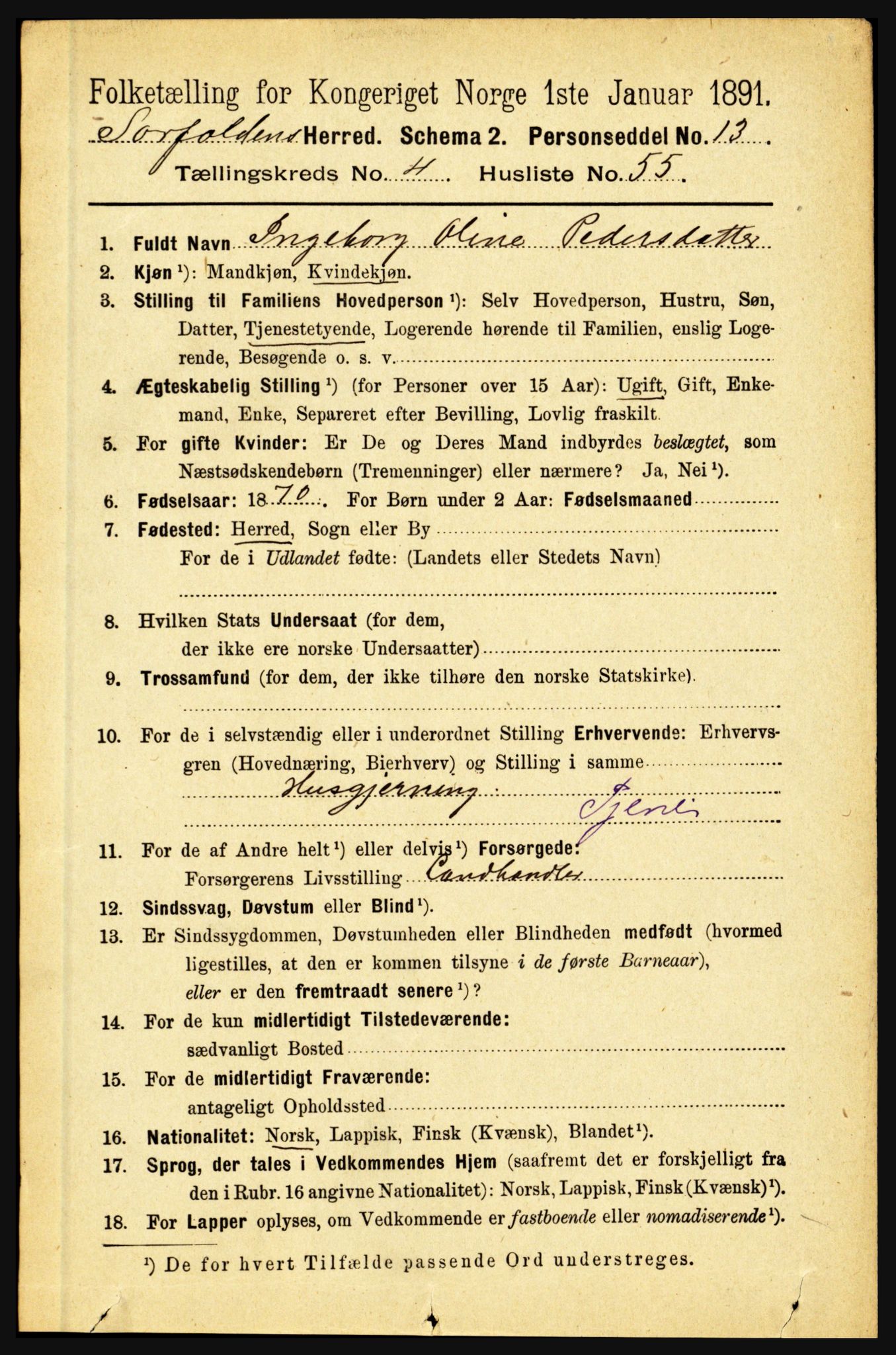 RA, 1891 census for 1845 Sørfold, 1891, p. 1298