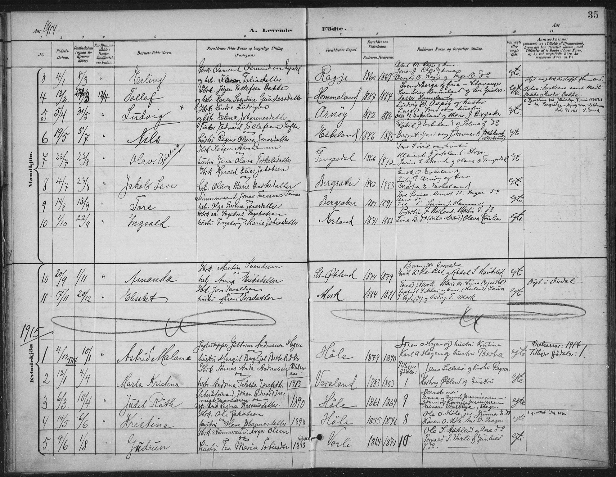 Høgsfjord sokneprestkontor, SAST/A-101624/H/Ha/Haa/L0008: Parish register (official) no. A 8, 1898-1920, p. 35
