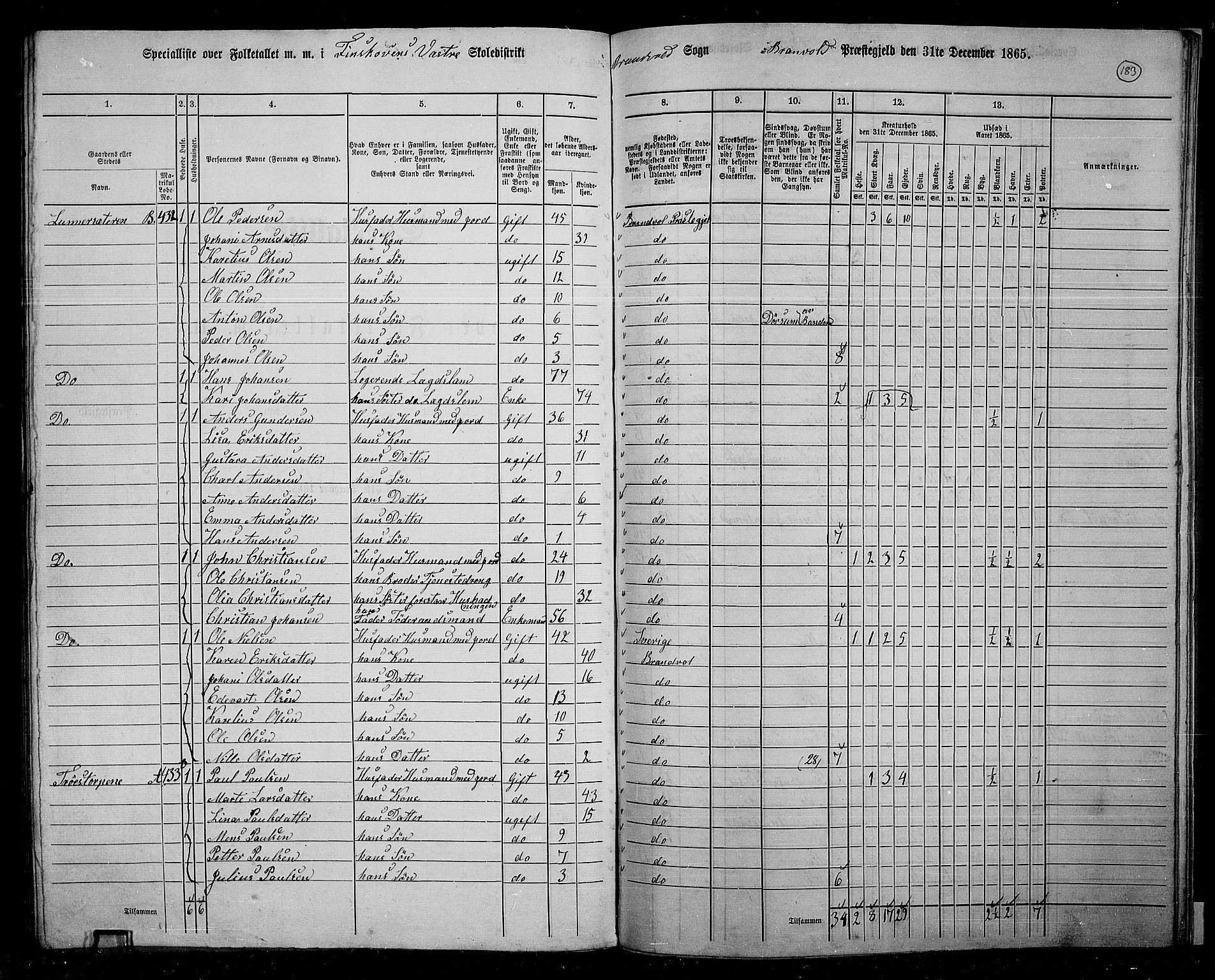 RA, 1865 census for Brandval, 1865, p. 155