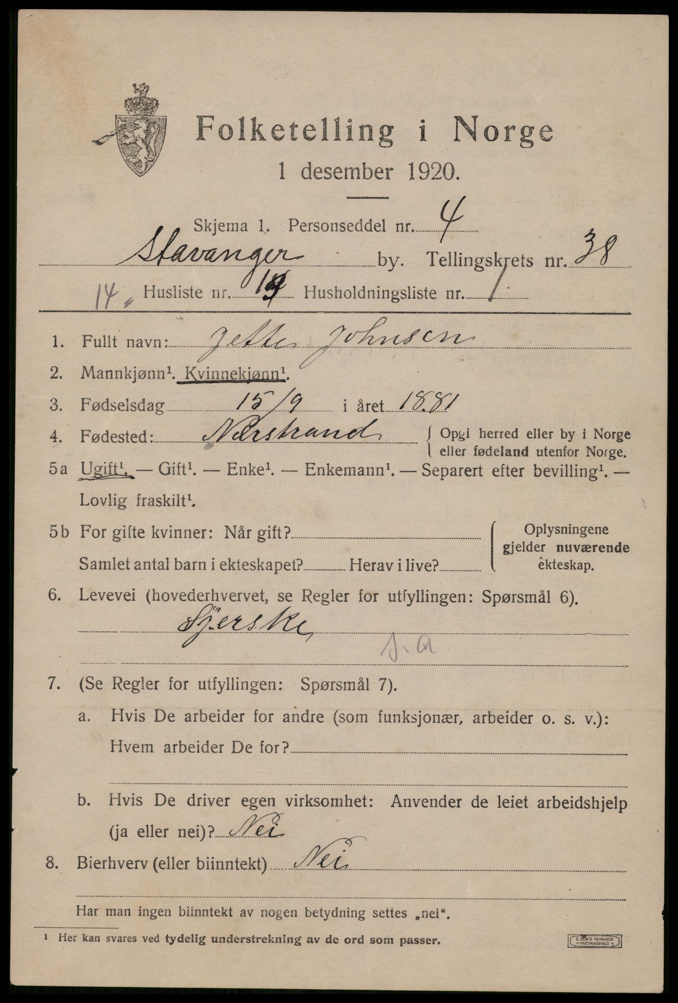 SAST, 1920 census for Stavanger, 1920, p. 99442