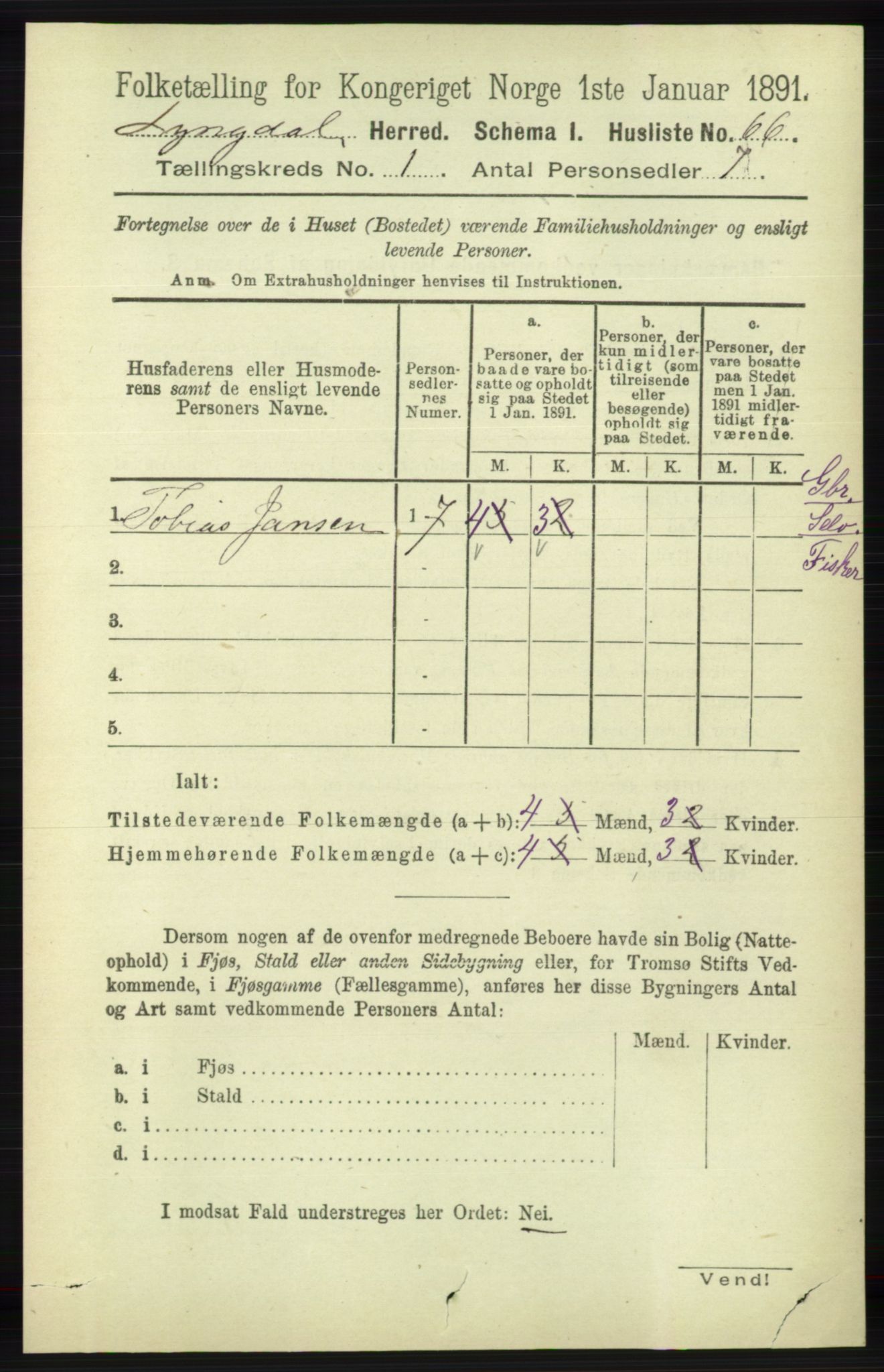 RA, 1891 census for 1032 Lyngdal, 1891, p. 106