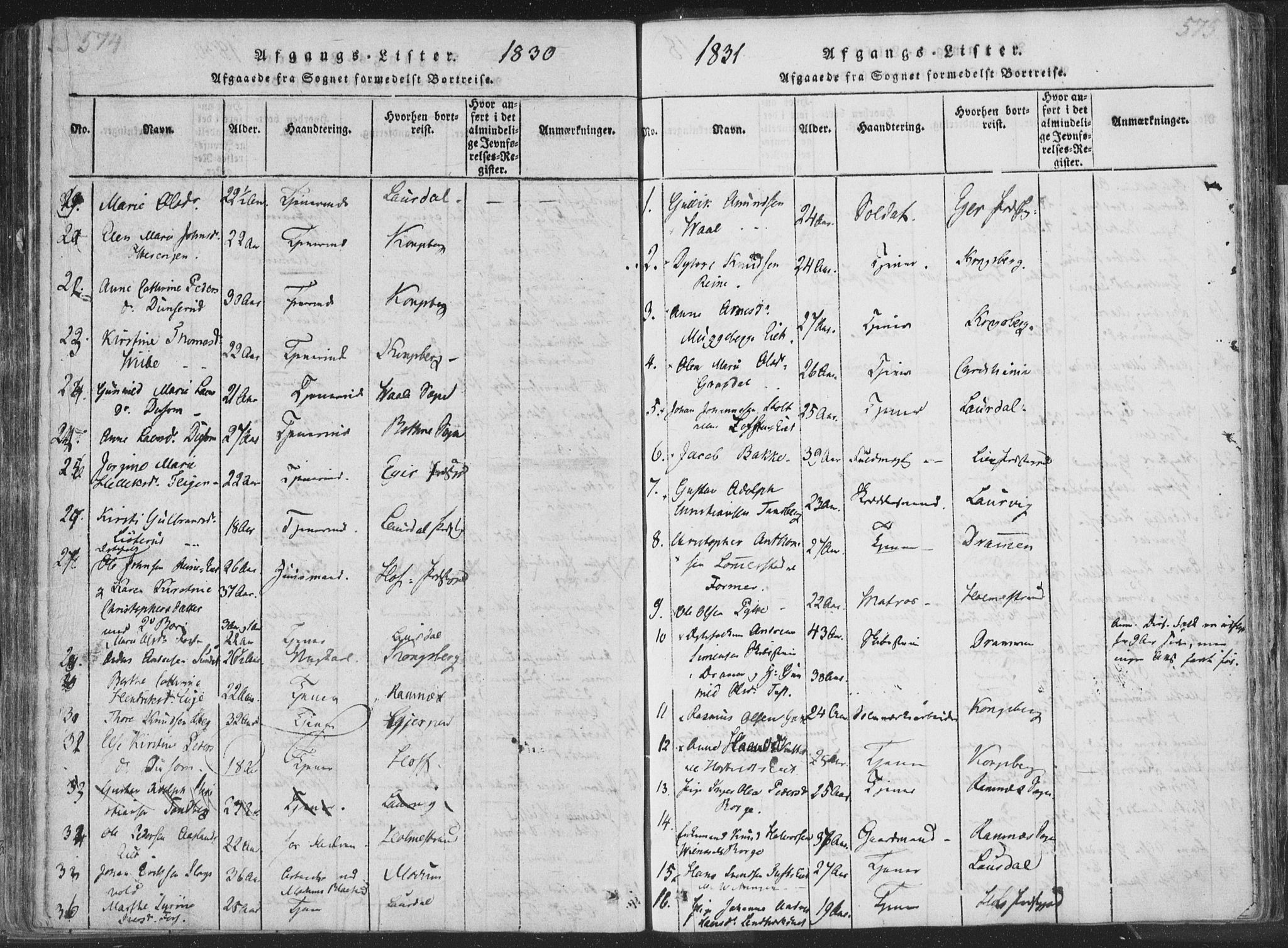 Sandsvær kirkebøker, SAKO/A-244/F/Fa/L0004: Parish register (official) no. I 4, 1817-1839, p. 574-575