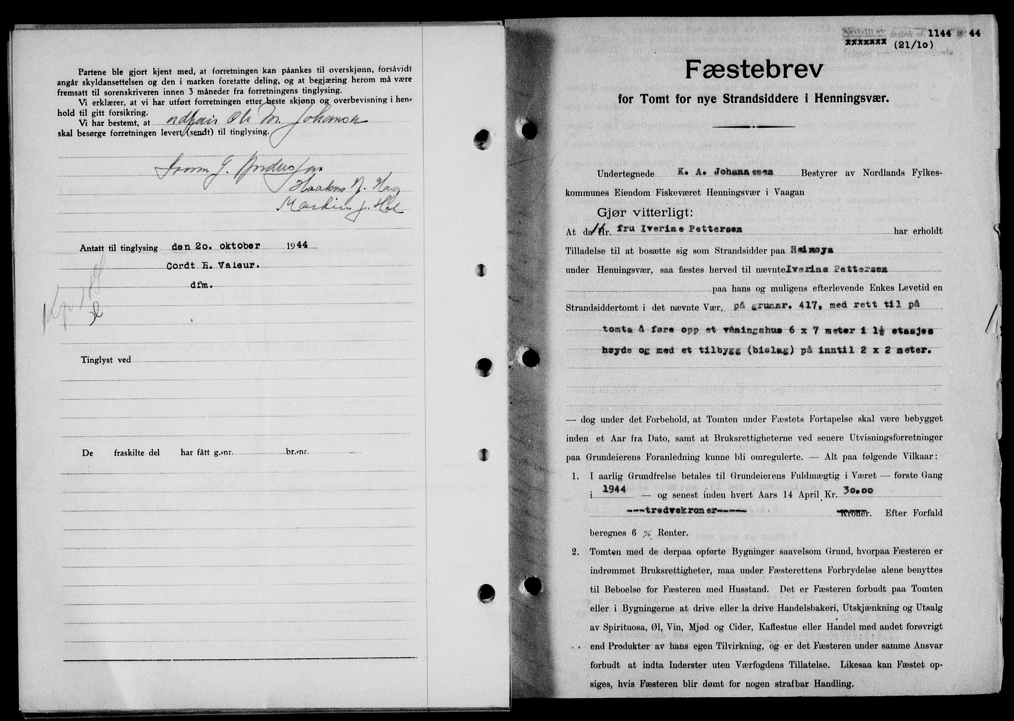 Lofoten sorenskriveri, SAT/A-0017/1/2/2C/L0012a: Mortgage book no. 12a, 1943-1944, Diary no: : 1144/1944