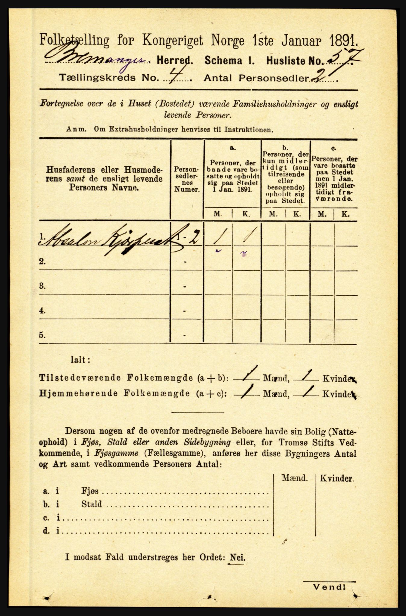 RA, 1891 census for 1438 Bremanger, 1891, p. 1503