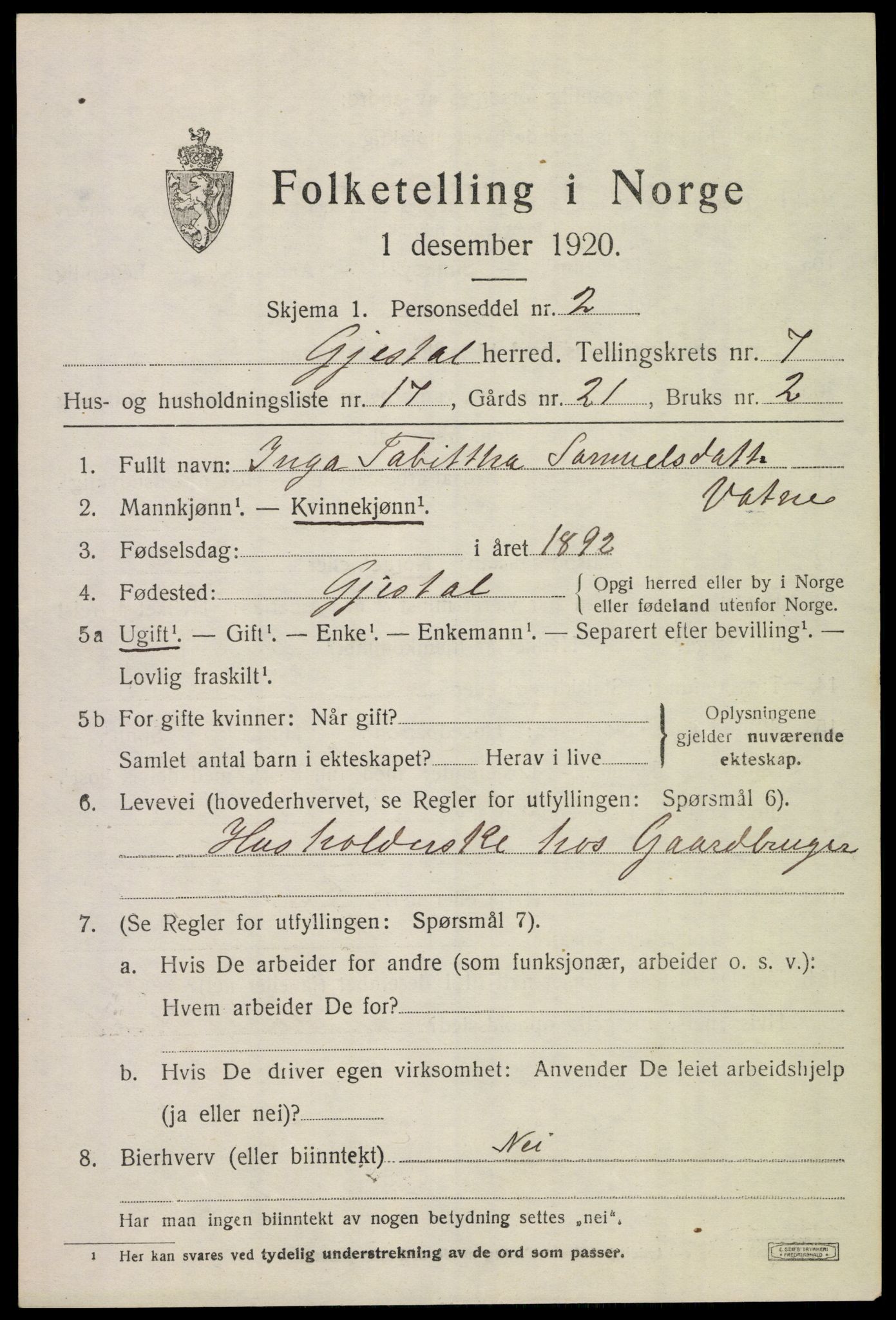 SAST, 1920 census for Gjesdal, 1920, p. 3756