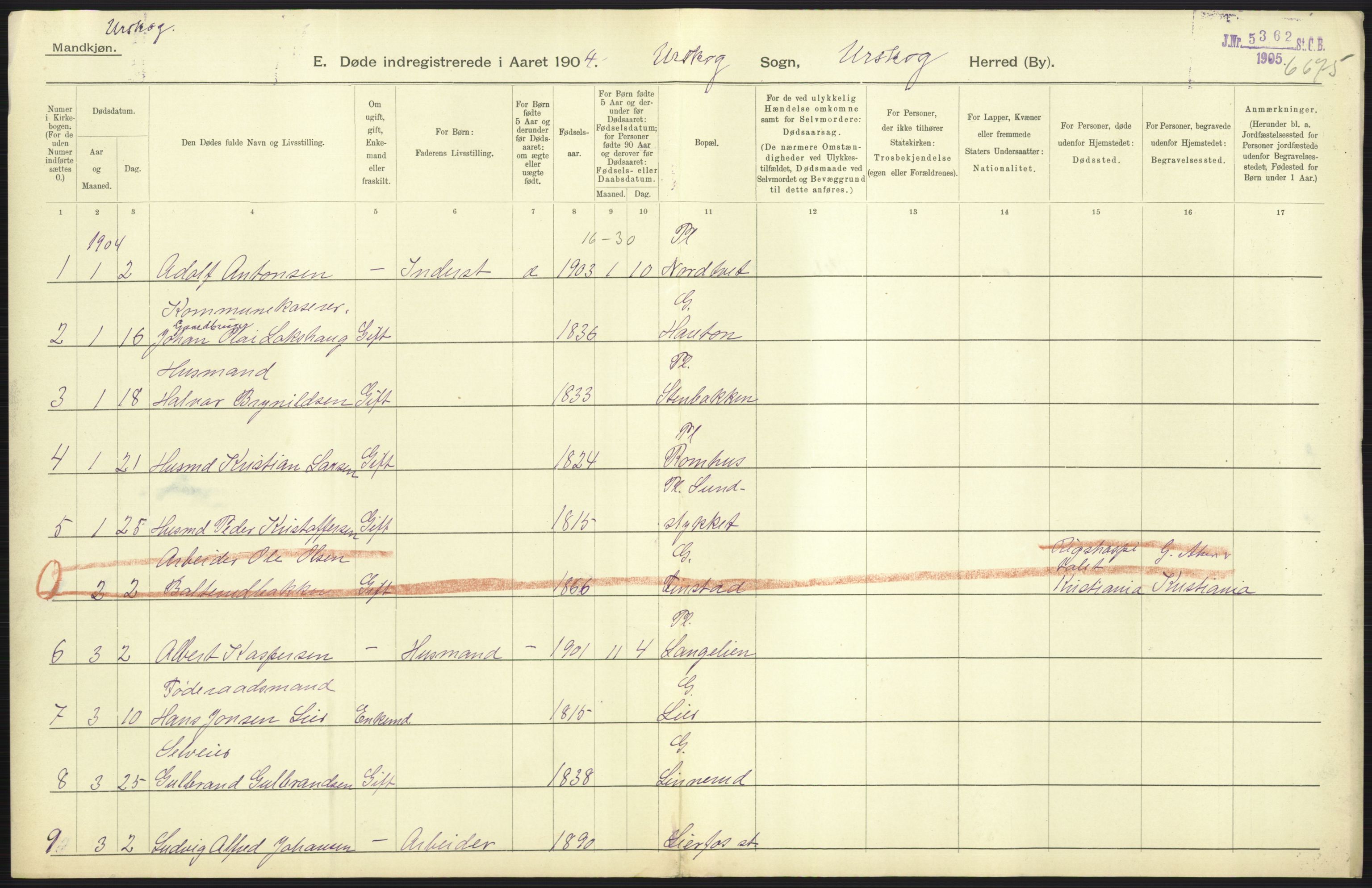 Statistisk sentralbyrå, Sosiodemografiske emner, Befolkning, AV/RA-S-2228/D/Df/Dfa/Dfab/L0002: Akershus amt: Fødte, gifte, døde, 1904, p. 597