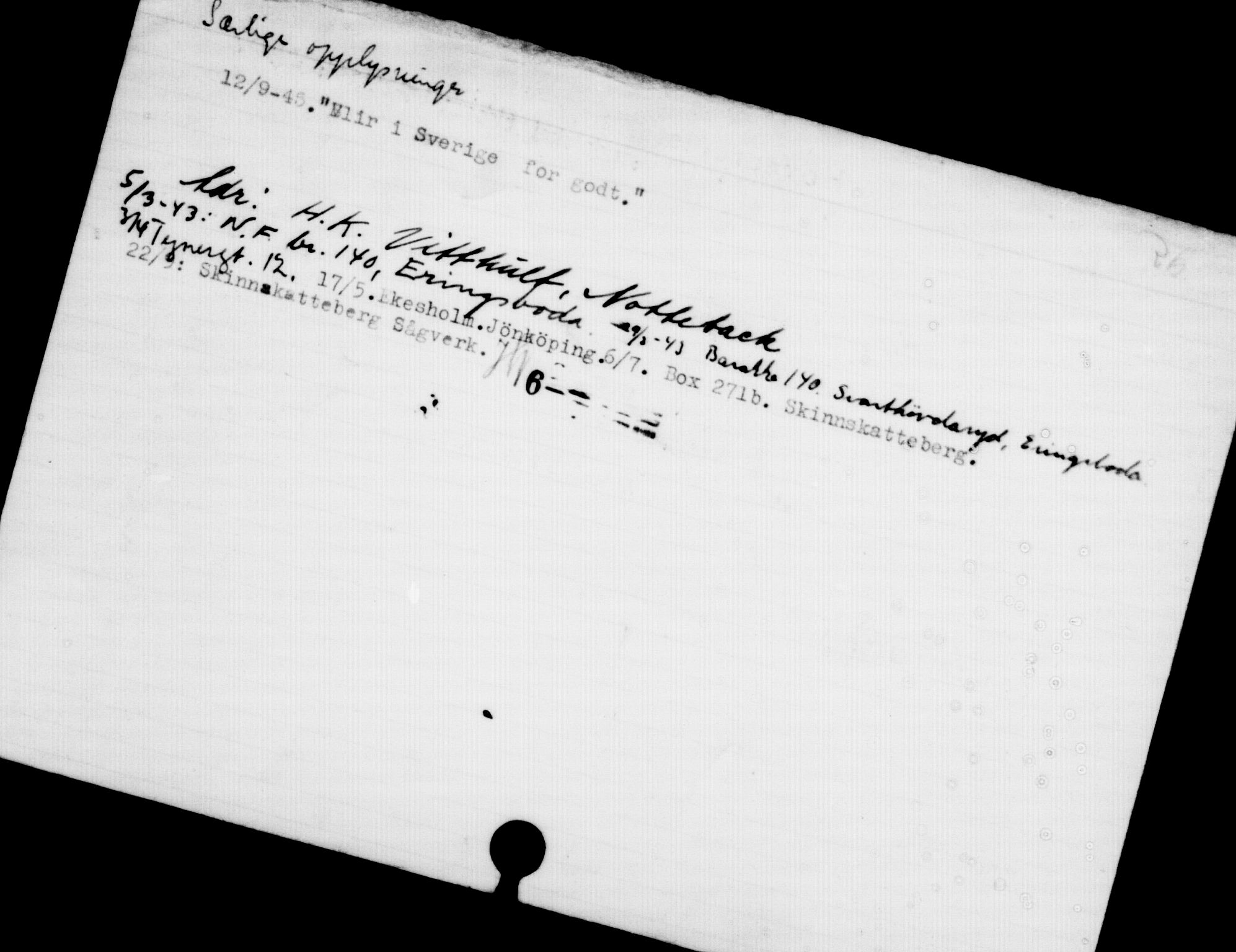Utenriksstasjonene, Legasjonen i Stockholm, Flyktningkontoret, AV/RA-S-6753/V/Va/L0001: Kjesäterkartoteket, flyktninger med registreringsnr. 1-1000, 1940-1945, p. 260