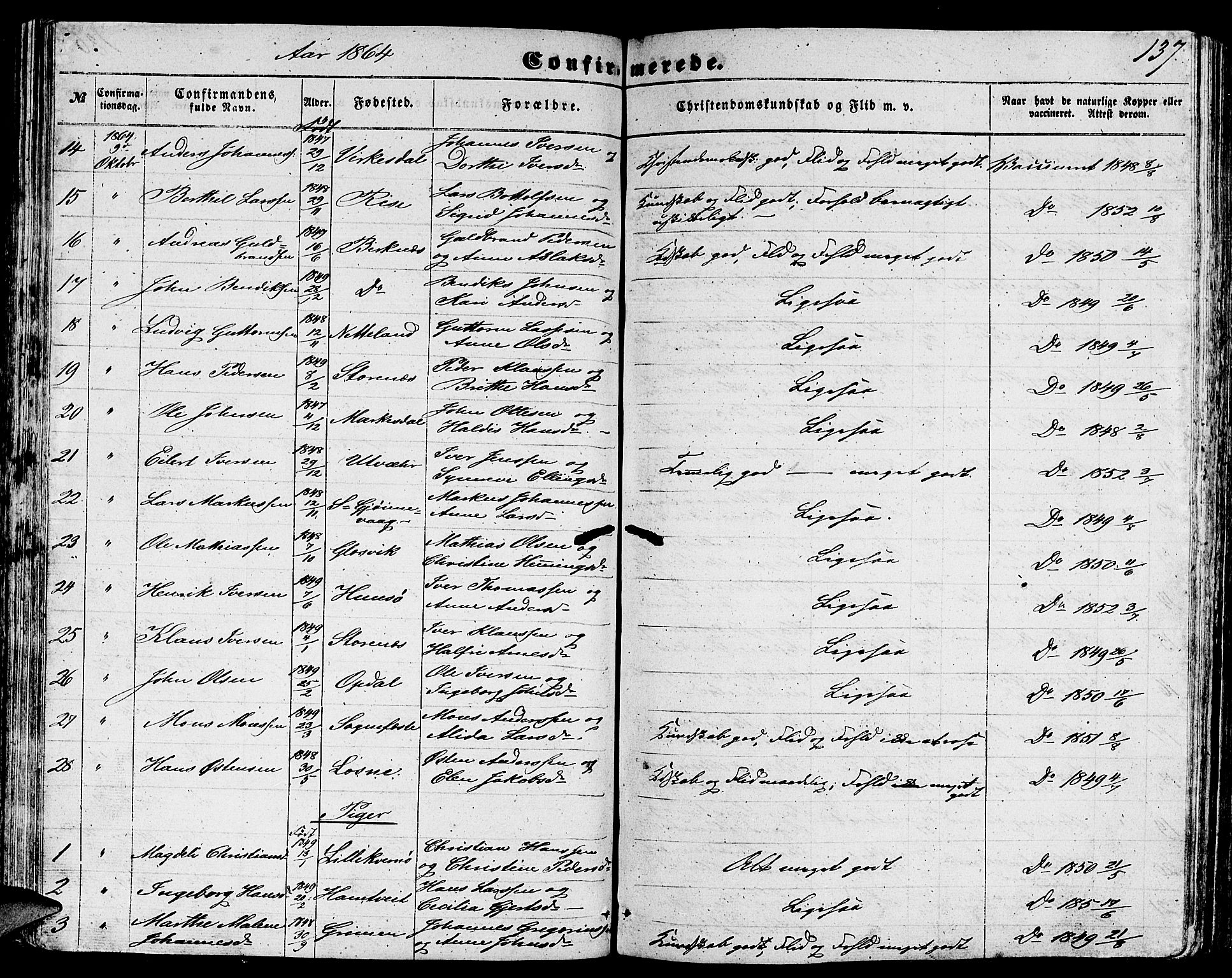 Gulen sokneprestembete, AV/SAB-A-80201/H/Hab/Habb/L0001: Parish register (copy) no. B 1, 1854-1866, p. 137