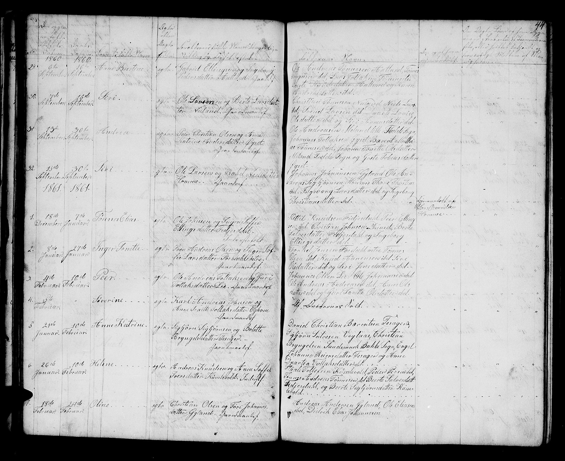 Bakke sokneprestkontor, SAK/1111-0002/F/Fb/Fbb/L0002: Parish register (copy) no. B 2, 1849-1878, p. 44