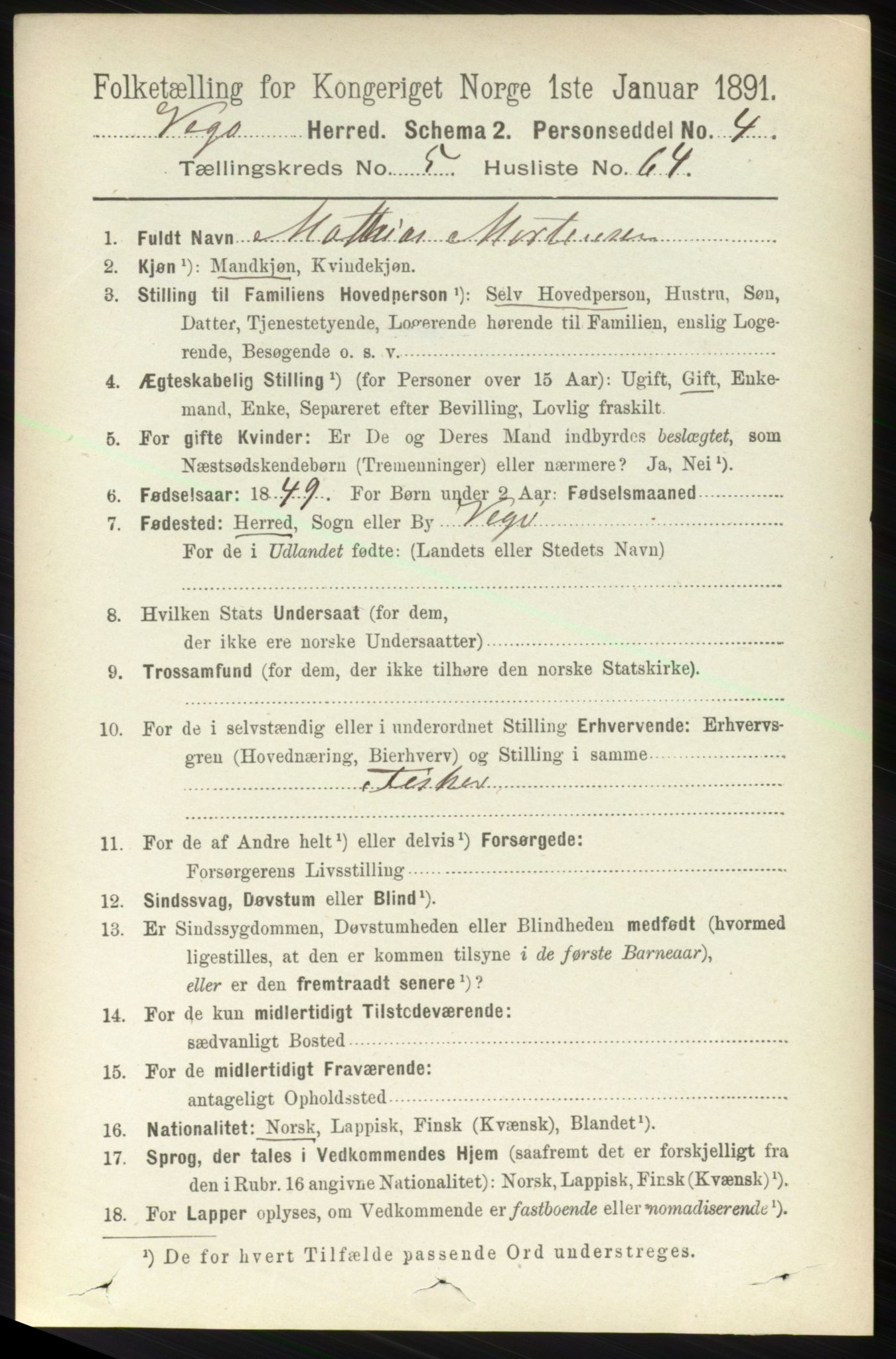 RA, 1891 census for 1815 Vega, 1891, p. 2514