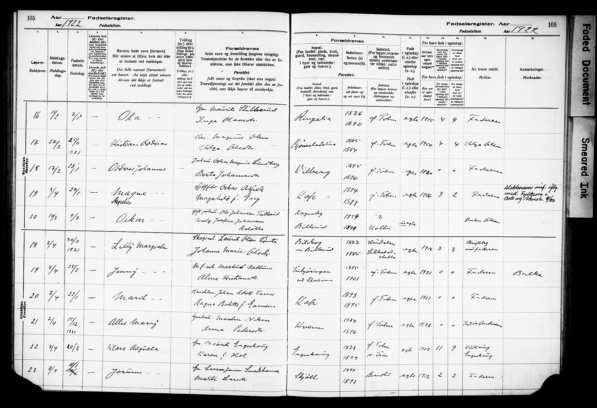 Østre Toten prestekontor, AV/SAH-PREST-104/I/Id/L0001/0001: Birth register no. 1.1, 1916-1928, p. 105