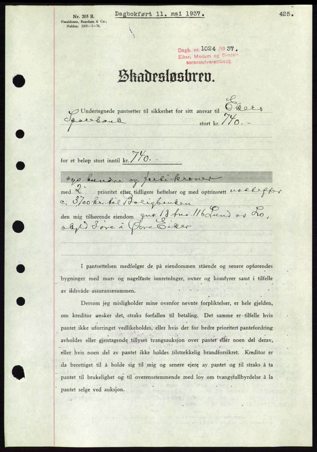 Eiker, Modum og Sigdal sorenskriveri, SAKO/A-123/G/Ga/Gab/L0035: Mortgage book no. A5, 1937-1937, Diary no: : 1024/1937