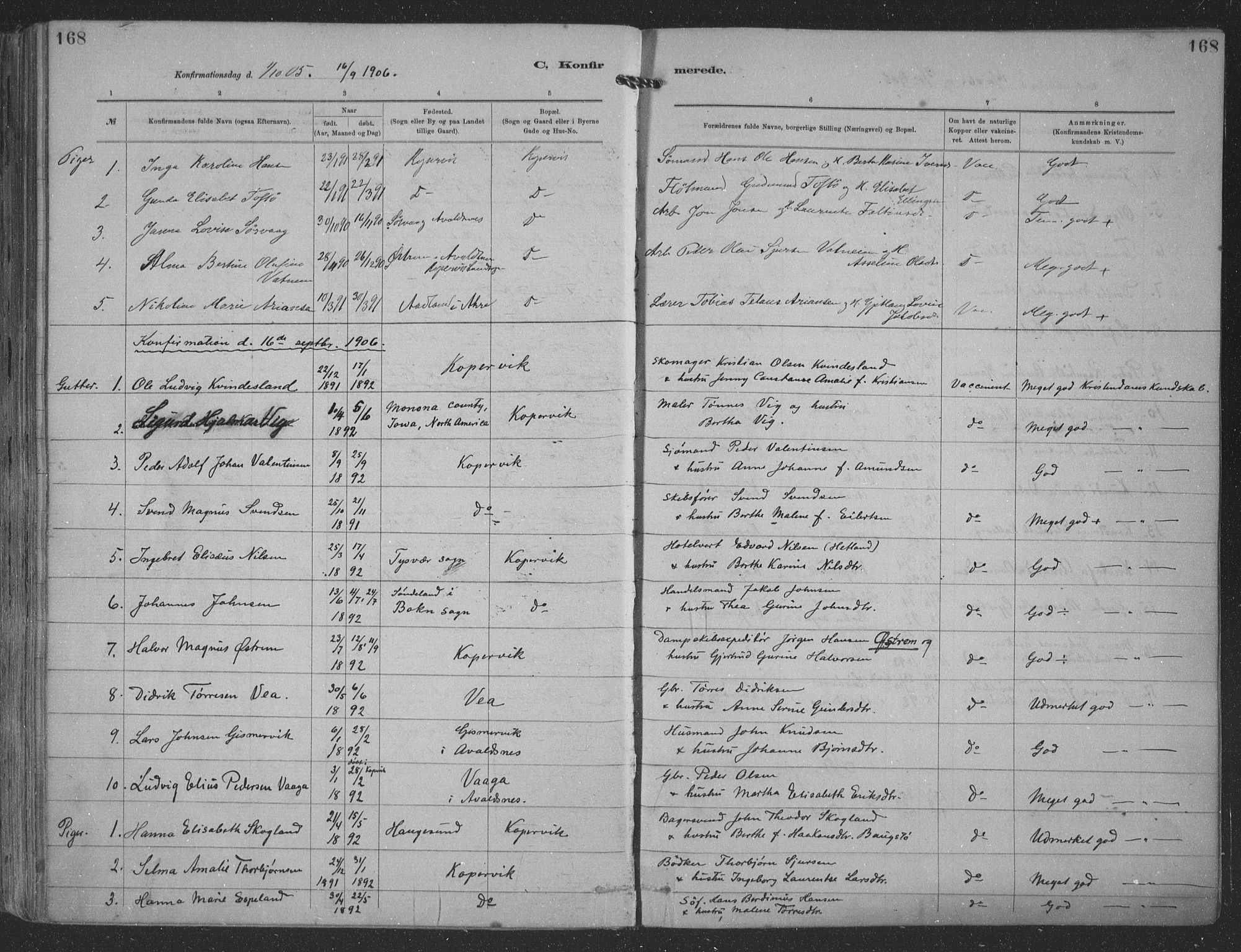 Kopervik sokneprestkontor, AV/SAST-A-101850/H/Ha/Haa/L0001: Parish register (official) no. A 1, 1880-1919, p. 168