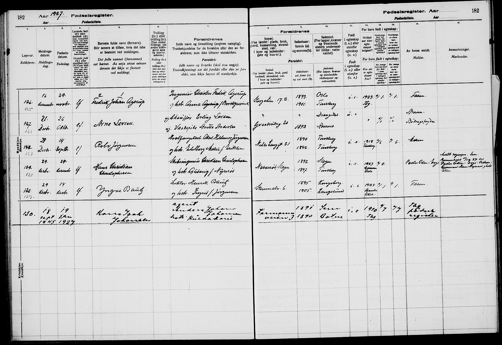 Tønsberg kirkebøker, AV/SAKO-A-330/J/Ja/L0002: Birth register no. 2, 1922-1928, p. 182