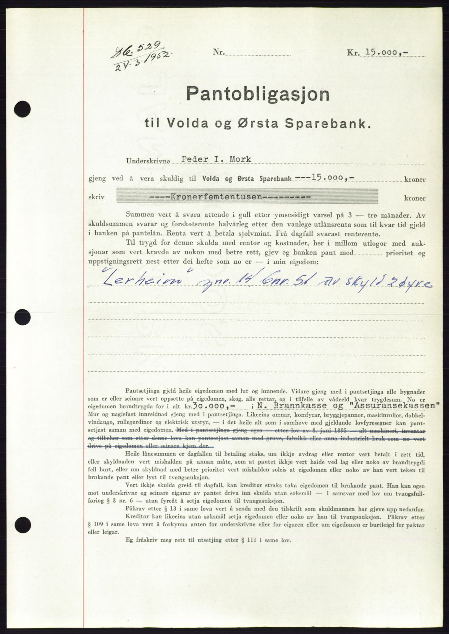 Søre Sunnmøre sorenskriveri, AV/SAT-A-4122/1/2/2C/L0121: Mortgage book no. 9B, 1951-1952, Diary no: : 529/1952