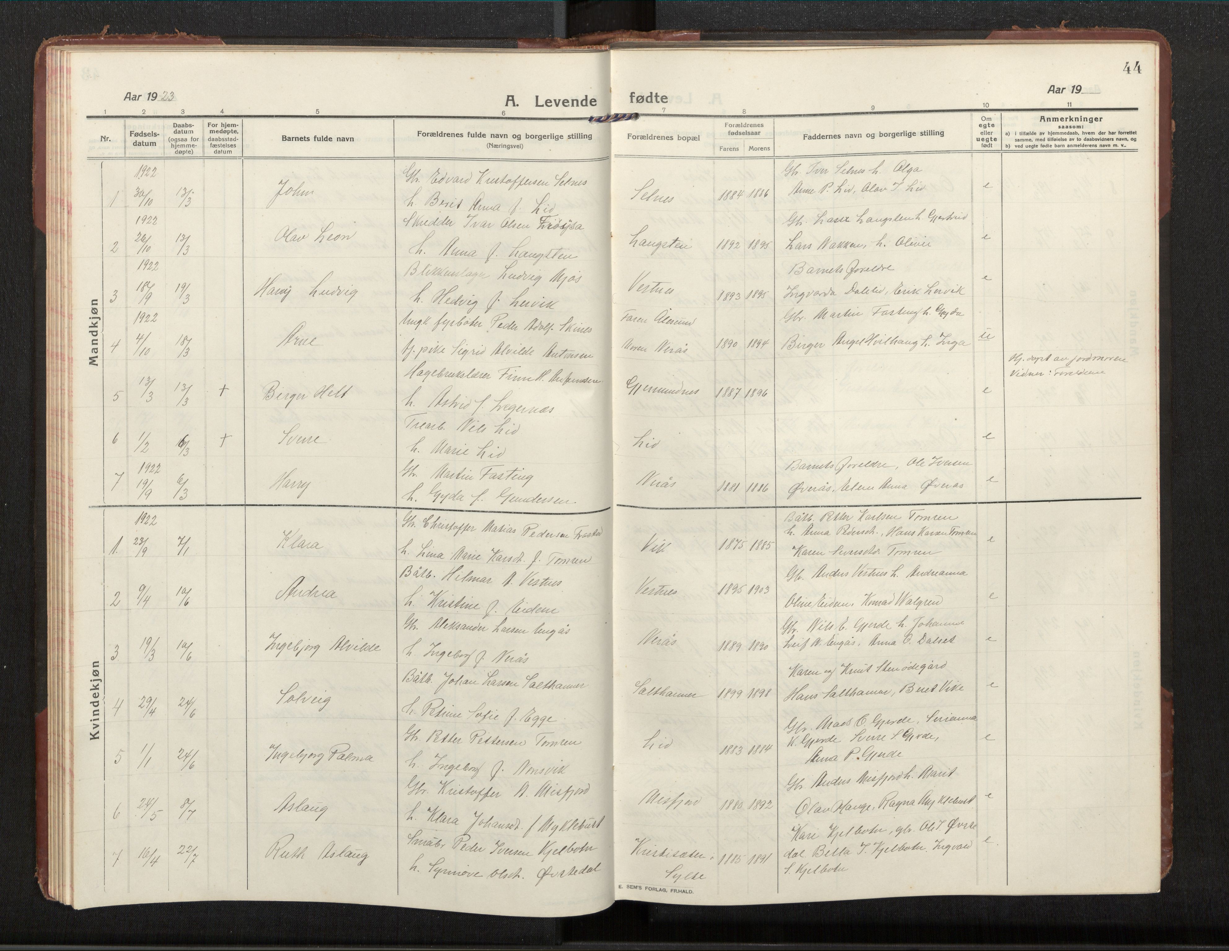 Ministerialprotokoller, klokkerbøker og fødselsregistre - Møre og Romsdal, AV/SAT-A-1454/539/L0536a: Parish register (copy) no. 539C03, 1912-1936, p. 44