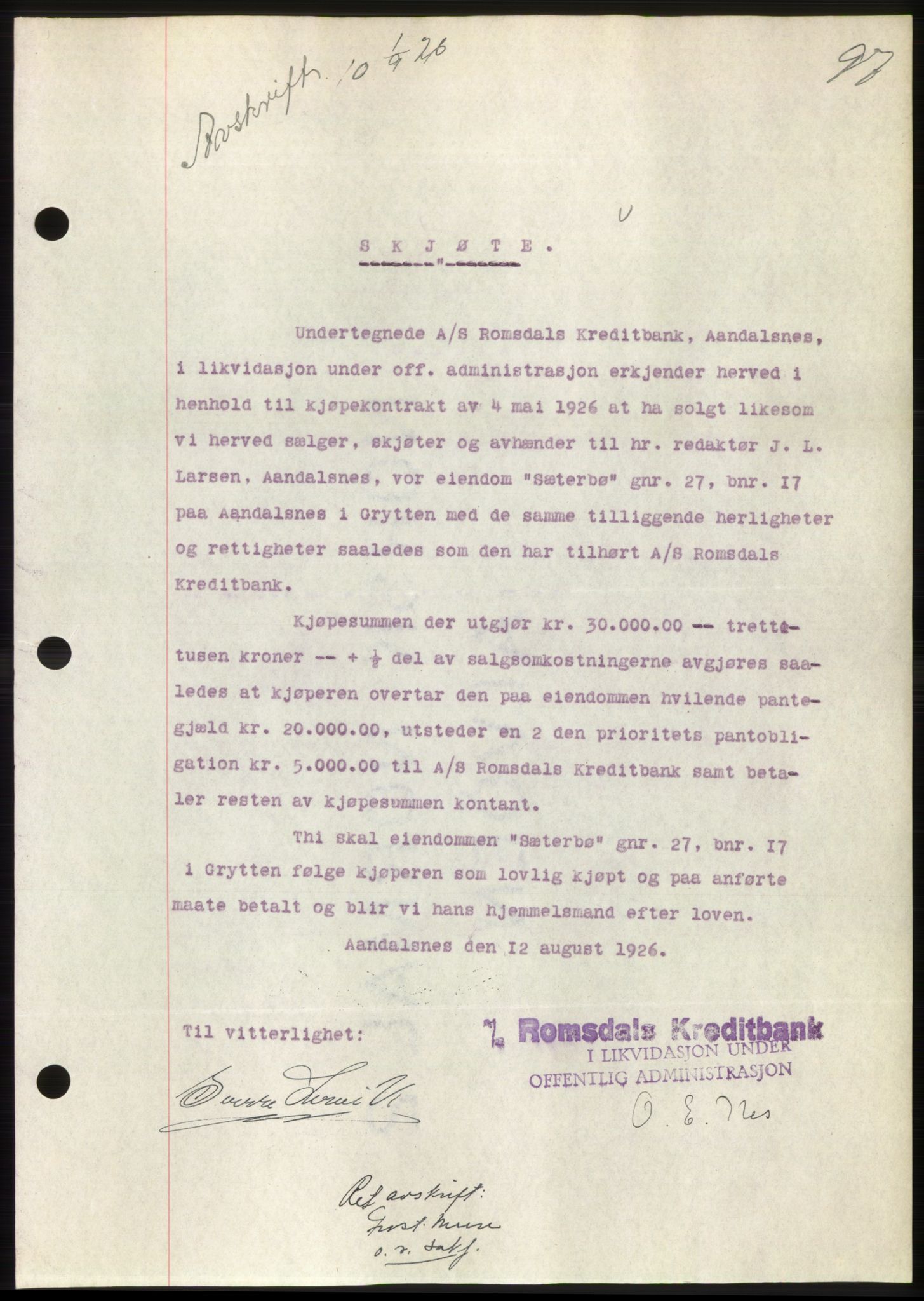 Romsdal sorenskriveri, AV/SAT-A-4149/1/2/2C/L0051: Mortgage book no. 45, 1926-1927, Deed date: 01.09.1926