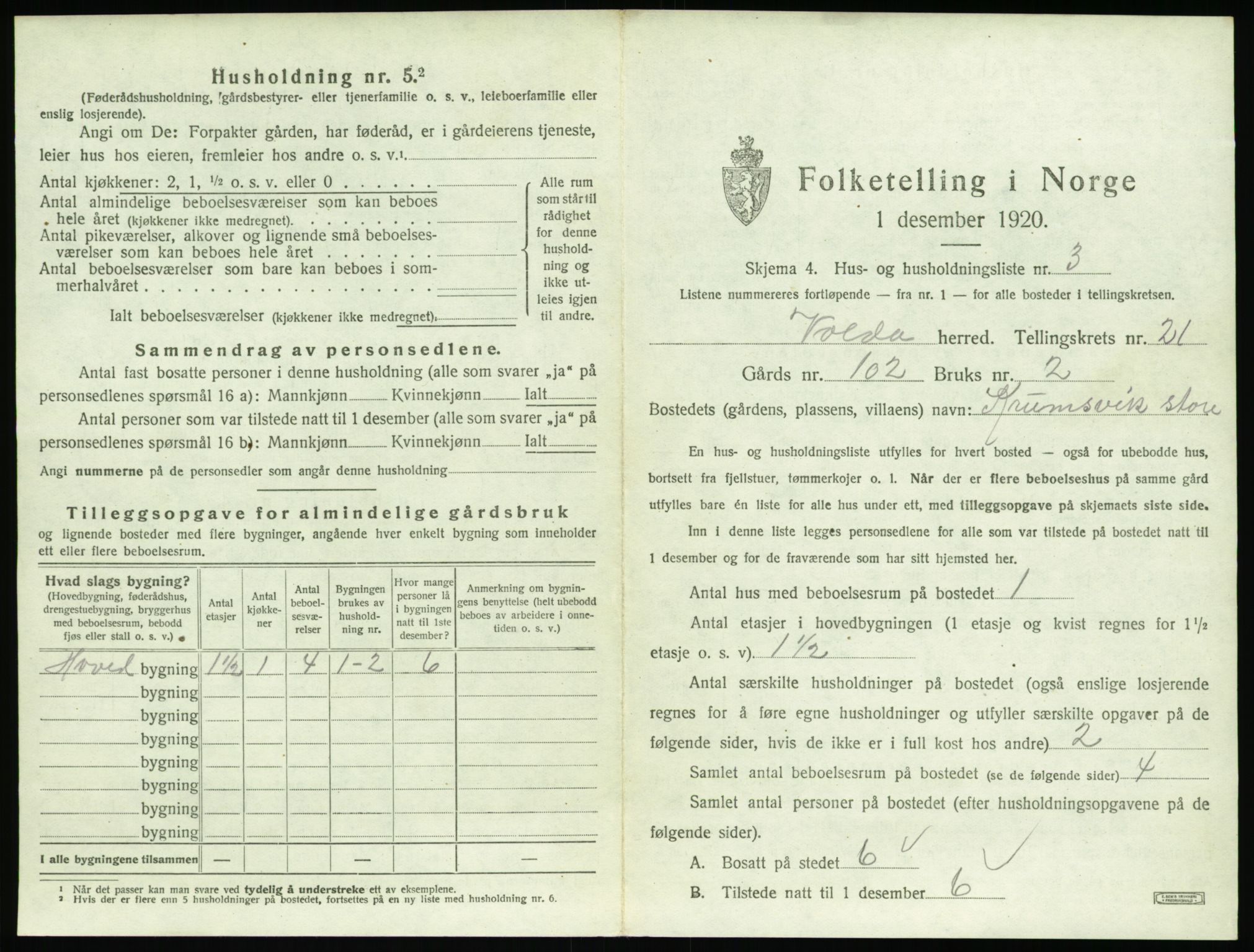 SAT, 1920 census for Volda, 1920, p. 1466