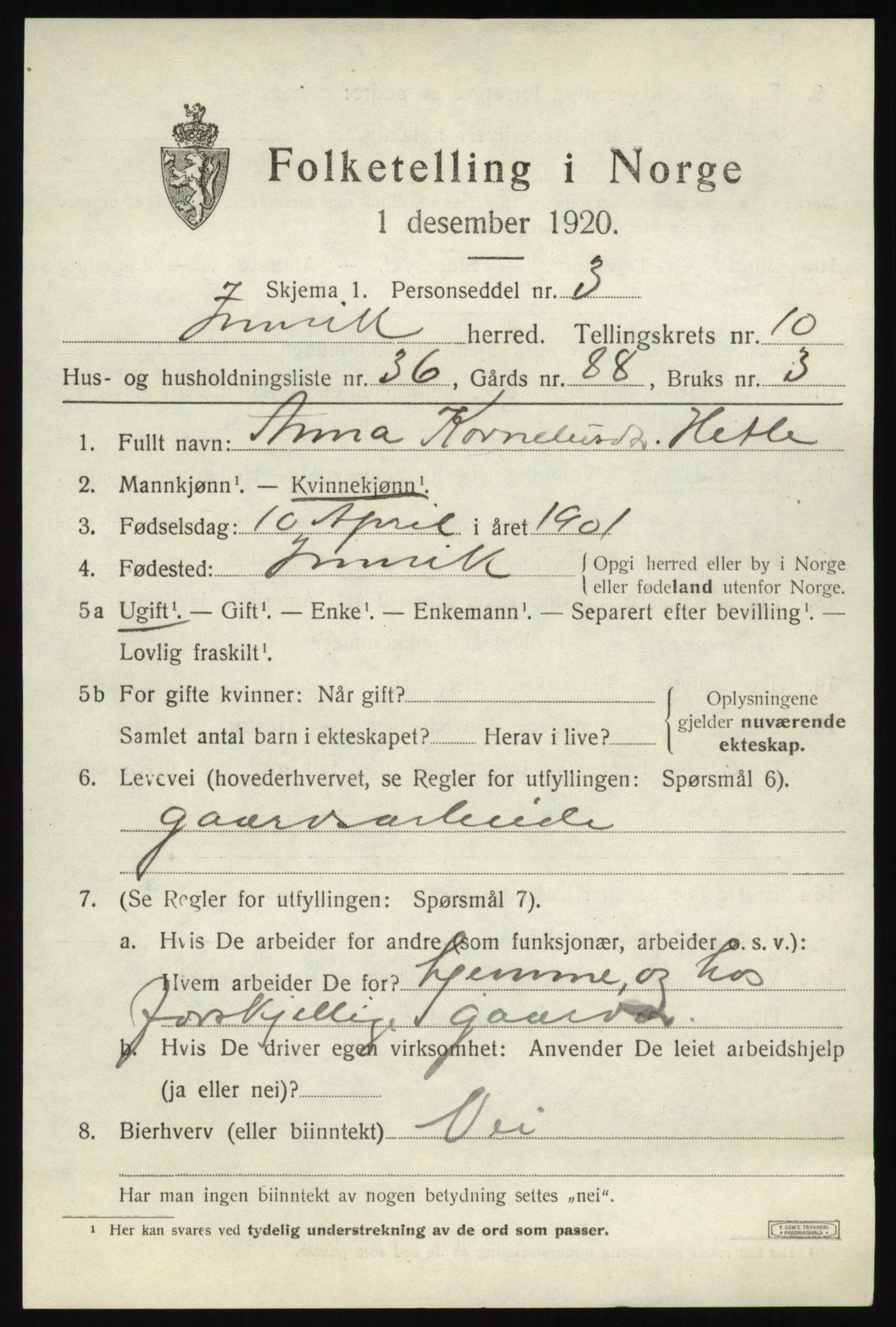 SAB, 1920 census for Innvik, 1920, p. 4525