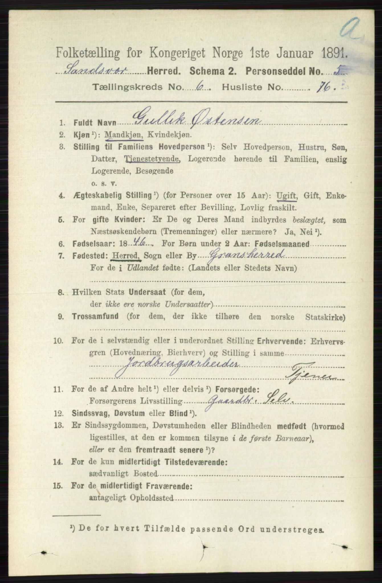 RA, 1891 census for 0629 Sandsvær, 1891, p. 3884