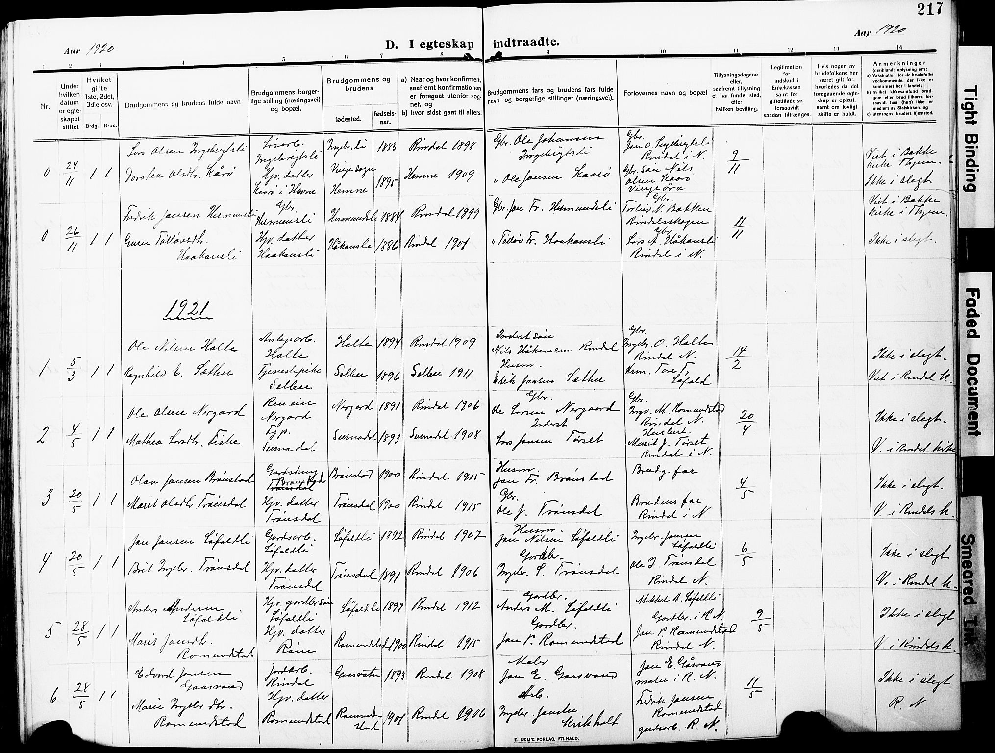 Ministerialprotokoller, klokkerbøker og fødselsregistre - Møre og Romsdal, AV/SAT-A-1454/598/L1079: Parish register (copy) no. 598C04, 1909-1927, p. 217