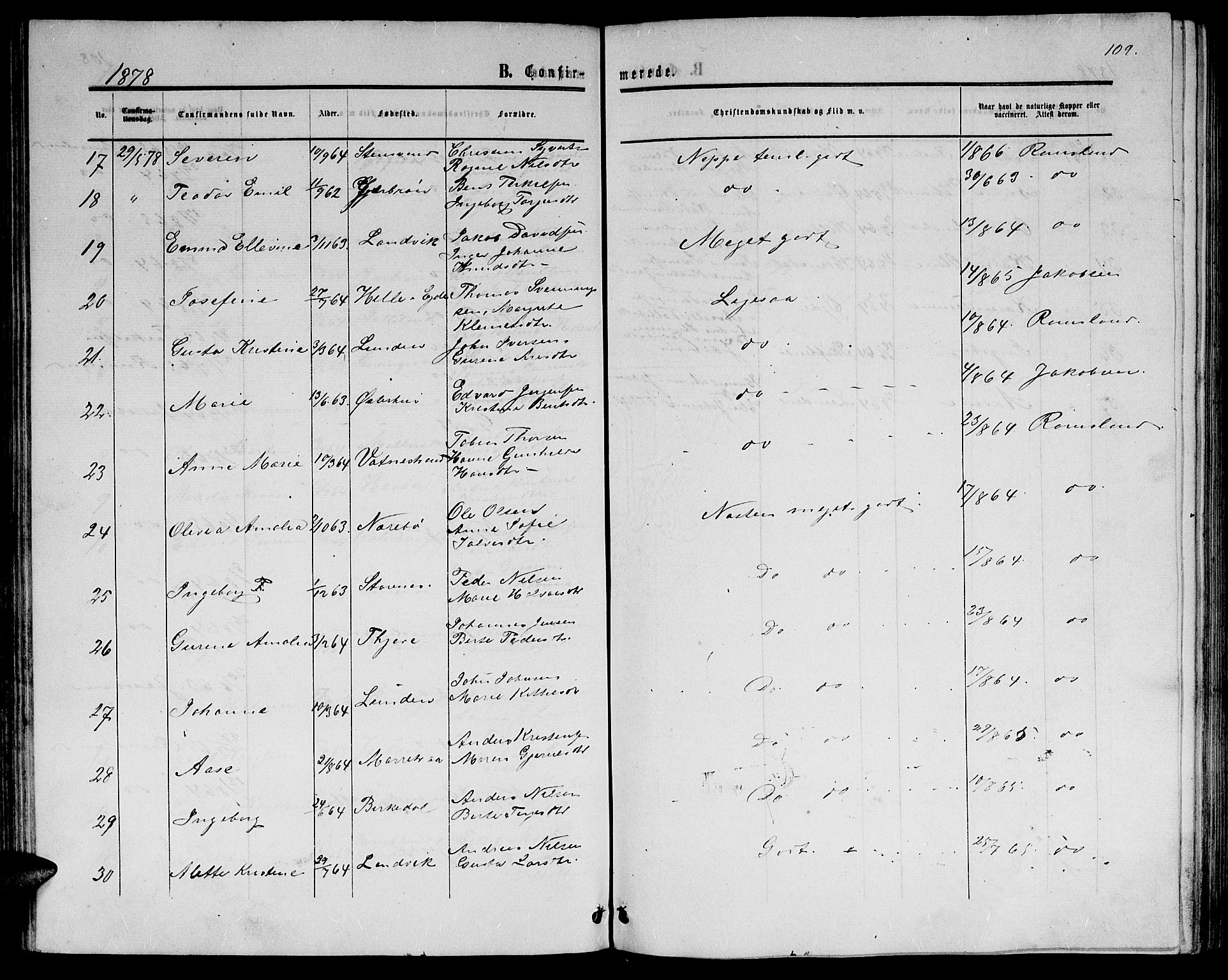 Hommedal sokneprestkontor, SAK/1111-0023/F/Fb/Fbb/L0006: Parish register (copy) no. B 6, 1869-1884, p. 109