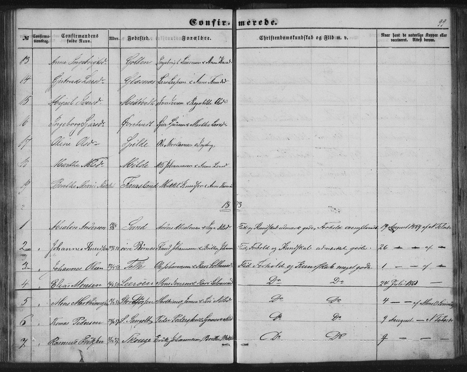 Sund sokneprestembete, AV/SAB-A-99930: Parish register (copy) no. B 1, 1852-1873, p. 99