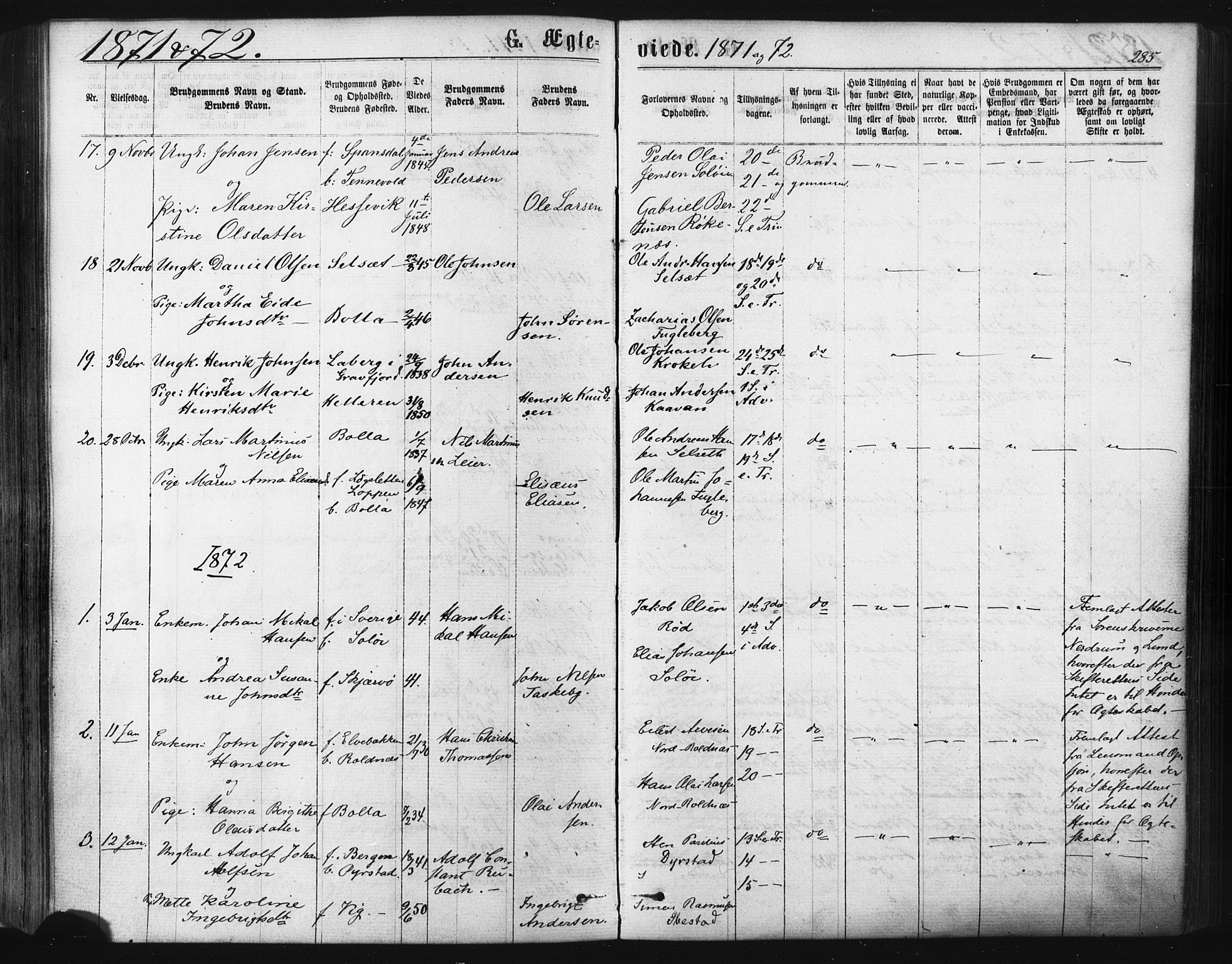 Ibestad sokneprestembete, SATØ/S-0077/H/Ha/Haa/L0010kirke: Parish register (official) no. 10, 1869-1879, p. 285
