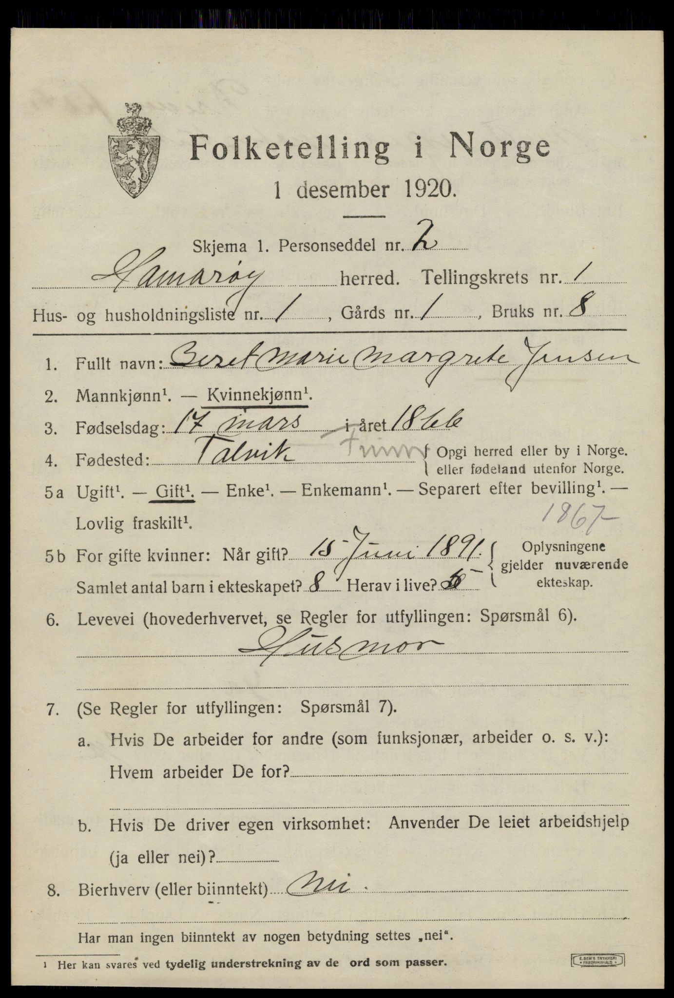 SAT, 1920 census for Hamarøy, 1920, p. 1180