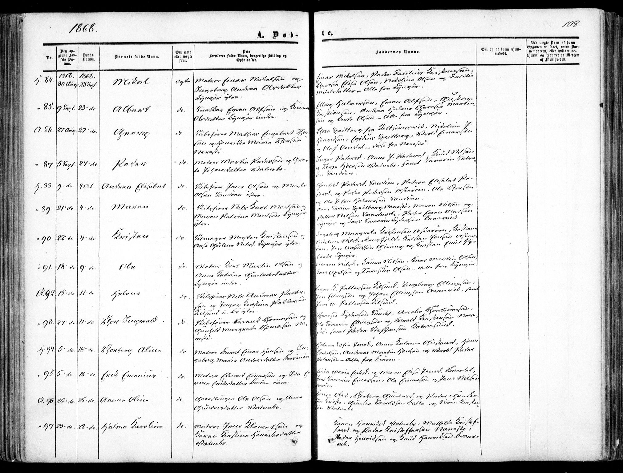 Dypvåg sokneprestkontor, AV/SAK-1111-0007/F/Fa/Faa/L0006: Parish register (official) no. A 6, 1855-1872, p. 108
