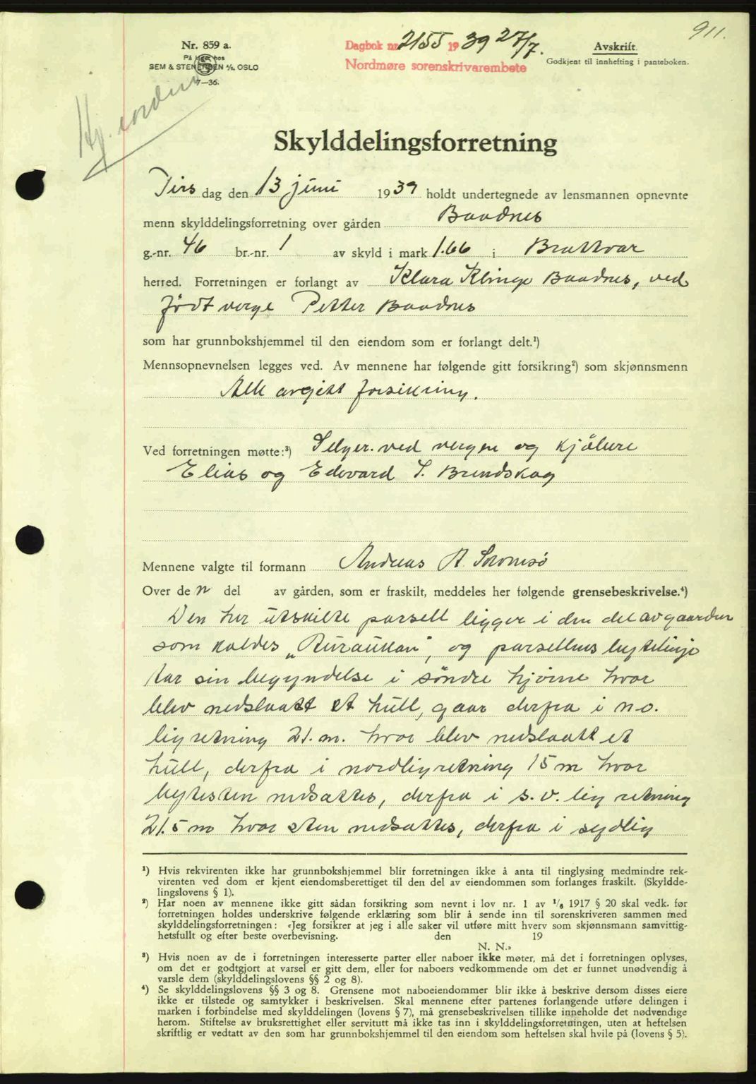 Nordmøre sorenskriveri, AV/SAT-A-4132/1/2/2Ca: Mortgage book no. A86, 1939-1939, Diary no: : 2155/1939